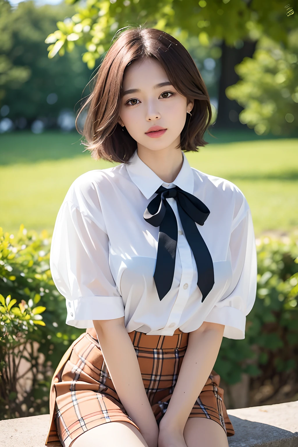 NSFW, 8k RAW photo, top-quality, masterpiece, 超A high resolution, film grains, filmg, 1girl in, looking at the viewers, natural skin textures, realistic eyes and face details, Full lips,, Fluffy short hair, hair messy, A smile, closes mouth, Beautiful legs, Tall lady, skiny, slim_Legs, 独奏, huge-breasted, a miniskirt, The shirt, Beautiful natural places, Around the position of the flower, (细致背景), white shirt, huge-breasted, lowfers, blurry backround, bblurry, ngel, Plaid, shortsleeves, JK ribbon on neck, JK Ribbon, brown haired, A bracelet, Eau, bangss, 校服, jewely, cparted lips, s lips, pleatedskirt, depth of fields