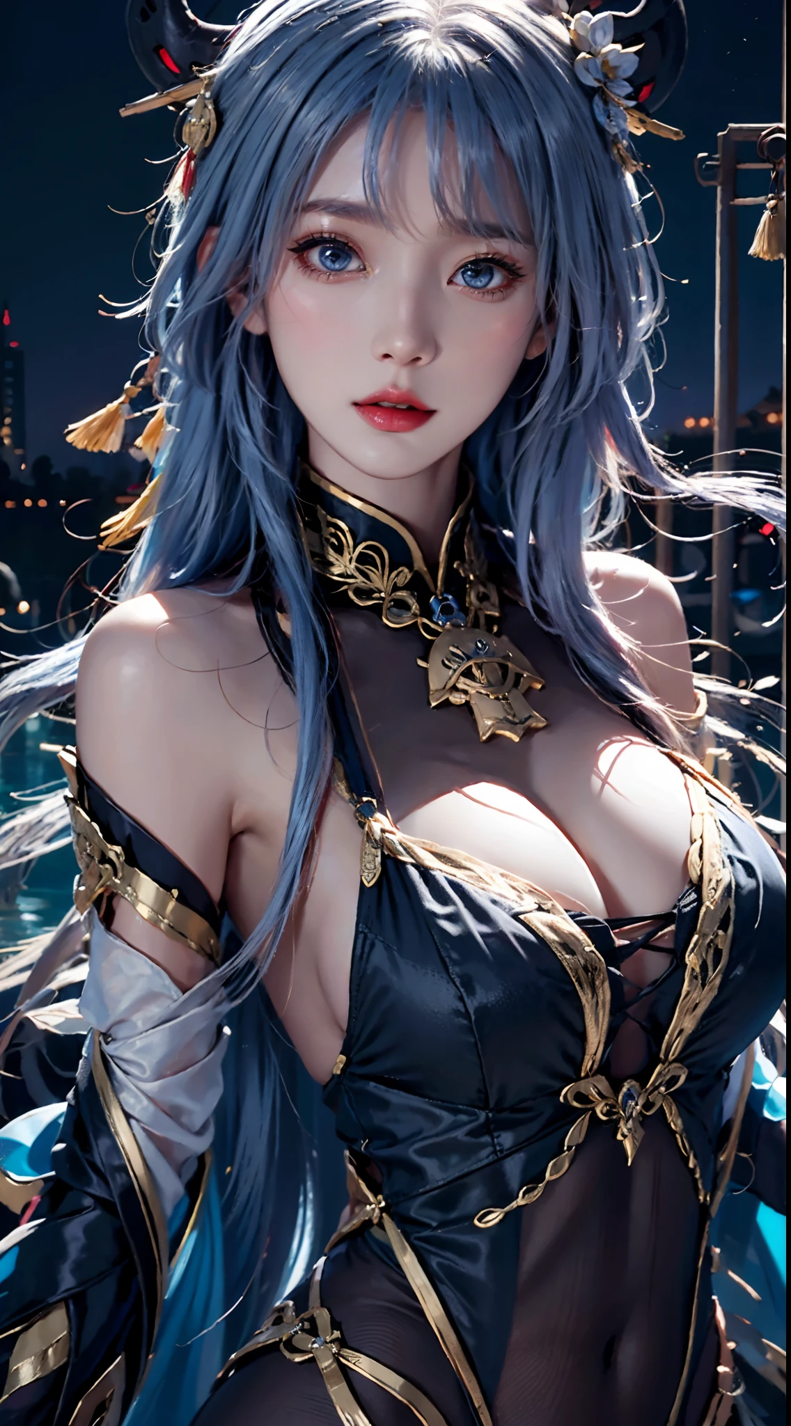 photorealistic, high resolution,masterpiece,best quality,ultra-detailed, 1women, hips up, blue eyes, ahoge, architecture, bangs, bare shoulders, bell, black gloves, black pantyhose, (blue hair), blush, breasts, chinese knot, detached sleeves, east asian architecture, flower knot, gloves, horns, long hair, medium breasts, neck bell, night, outdoors, pantyhose, purple eyes, tassel, white sleeves , intricate, back view
