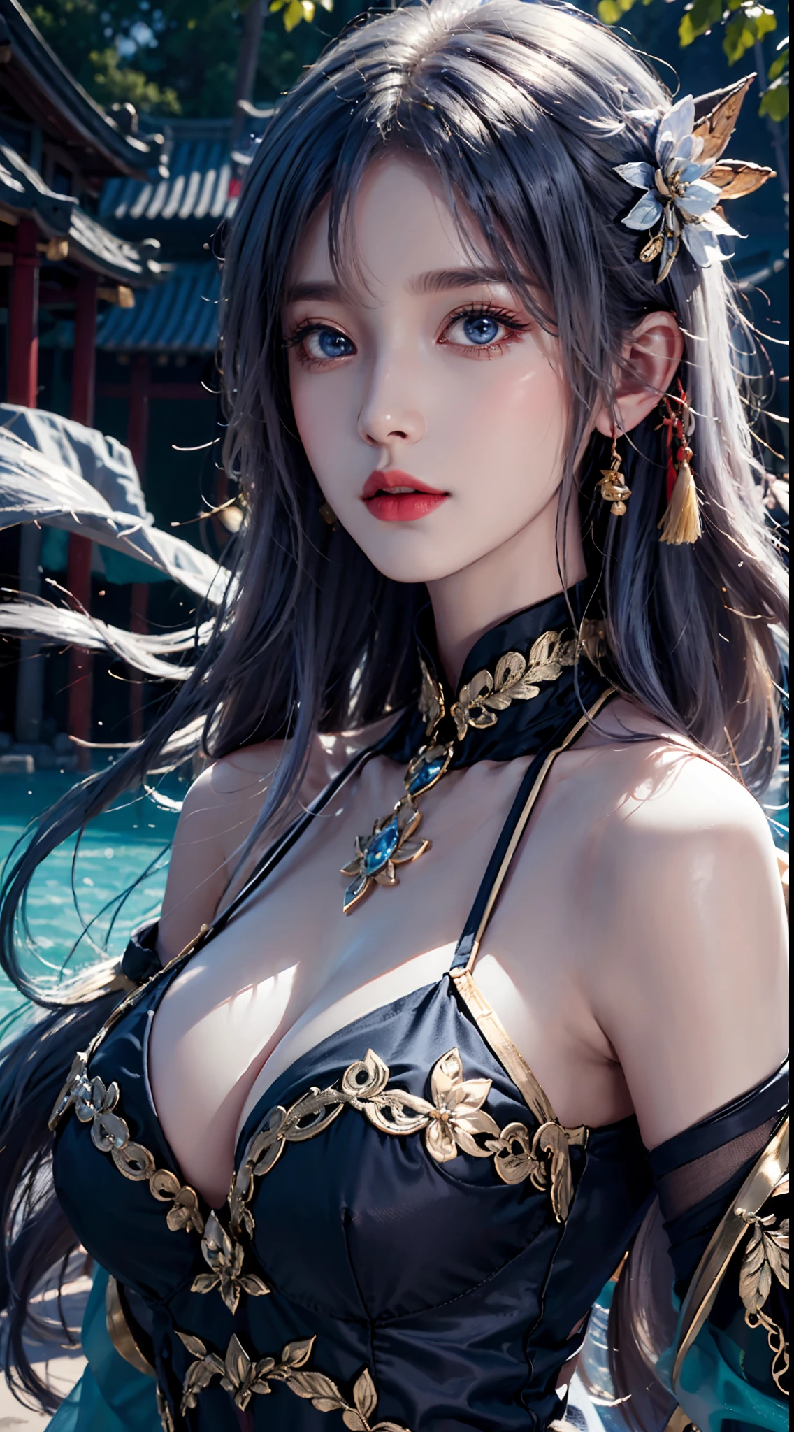 photorealistic, high resolution,masterpiece,best quality,ultra-detailed, 1women, hips up, blue eyes, ahoge, architecture, bangs, bare shoulders, bell, black gloves, black pantyhose, (blue hair), blush, breasts, chinese knot, detached sleeves, east asian architecture, flower knot, gloves, horns, long hair, medium breasts, neck bell, night, outdoors, pantyhose, purple eyes, tassel, white sleeves , intricate, back view
