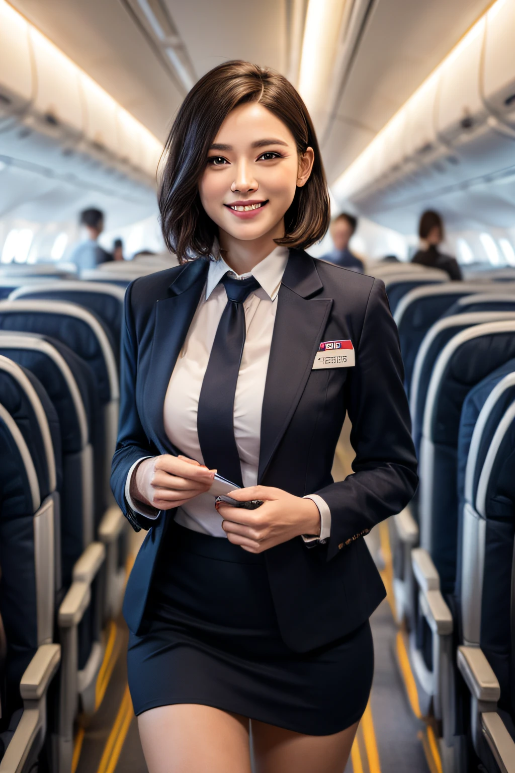 1womanl, 40 years、hyperdetailed face、Detailed lips、A detailed eye、二重まぶた、(Black bob hair、Smiling while walking gracefully down the aisle)、(Stewardess uniform:1.2)、(Glamorous body)、(Colossal tits)、thighs thighs thighs thighs, Perfect fit, Perfect image realism, Background with: (Business Class aisle on airplanes:1.2), Cowboy Shot, Meticulous background, detailed costume, Perfect litthing、Hyper-Realism、(Photorealsitic:1.4)、8K maximum resolution, (​masterpiece), ighly detailed, Professional