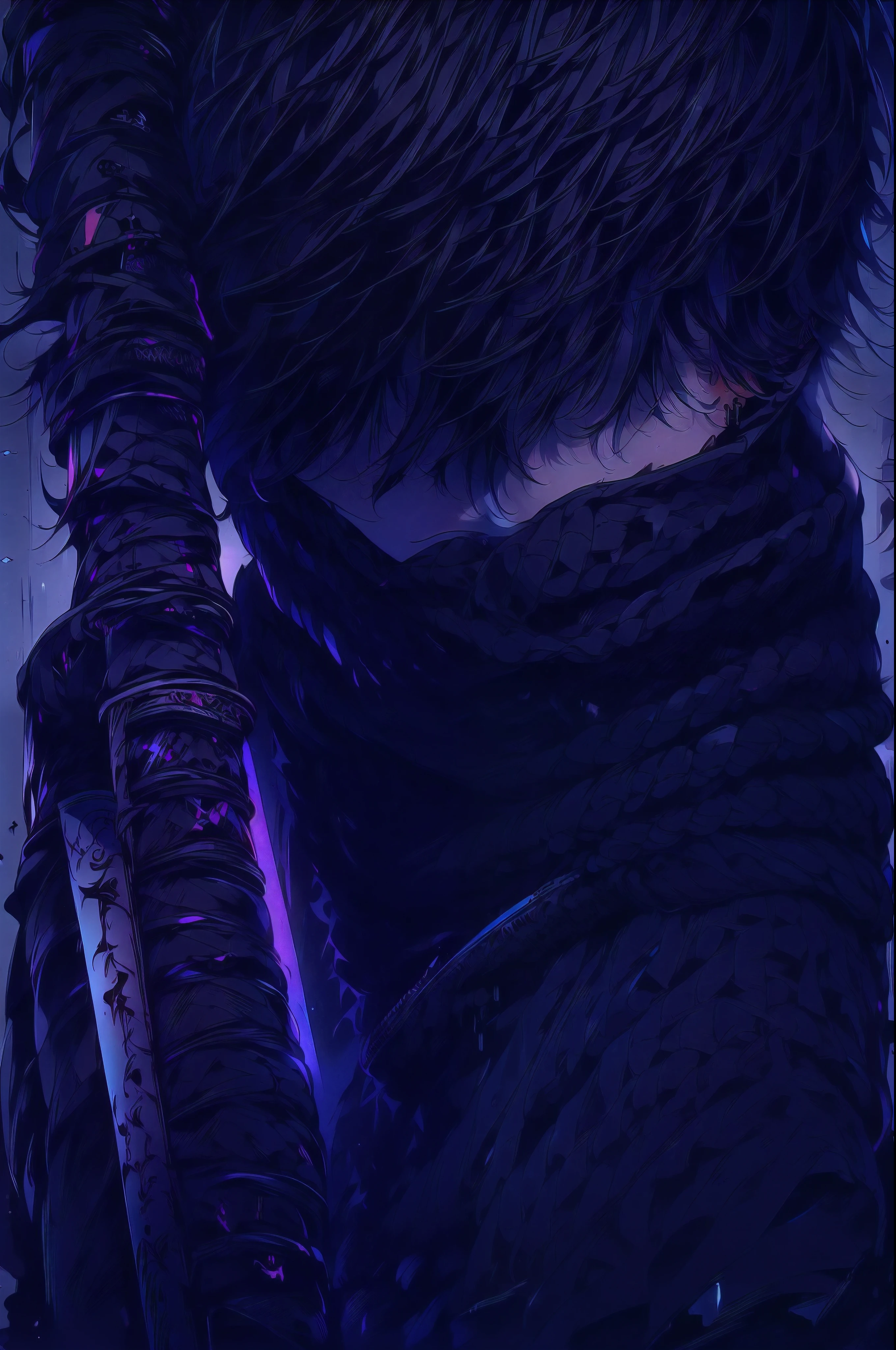 (best quality,ultra-detailed,realistic:1.37),portrait,boy wearing a black hoodie,with black-blue hair,holding a sword,facing left,has an aura around him,wearing a cool mouth mask