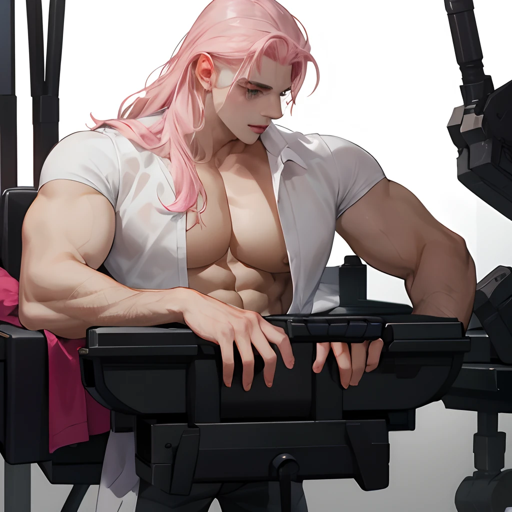 Sleeping, lying in back, Soft youthful face, open clothes, (Scantily clad):1.4, (gigantic muscles):1.4, huge pecs, abs, (absurdres, highres, ultra detailed), 1 male, adult, handsome, tall muscular guy, broad shoulders, finely detailed eyes and detailed face, pink long hair, green eyes, dim light and deep shadows, sci-fi, tied down to operating table, bondage, mysterious,