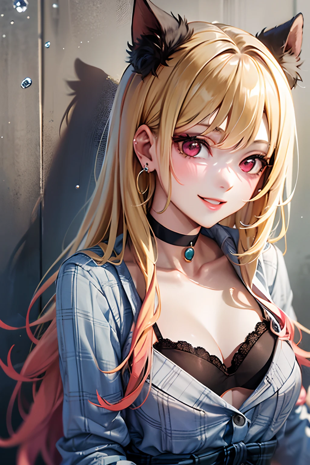 Masterpiece, Best Quality, high resolucion, kitagawa marin, 1Girl, Blonde hair, Long hair, multicoloured hair, Red Eyes, jewellery, Earrings, piercing, top,JINS, black choker, plaid skirt, Sorrisos, Smile, Standing, cowboy shots, exteriors, lingerie