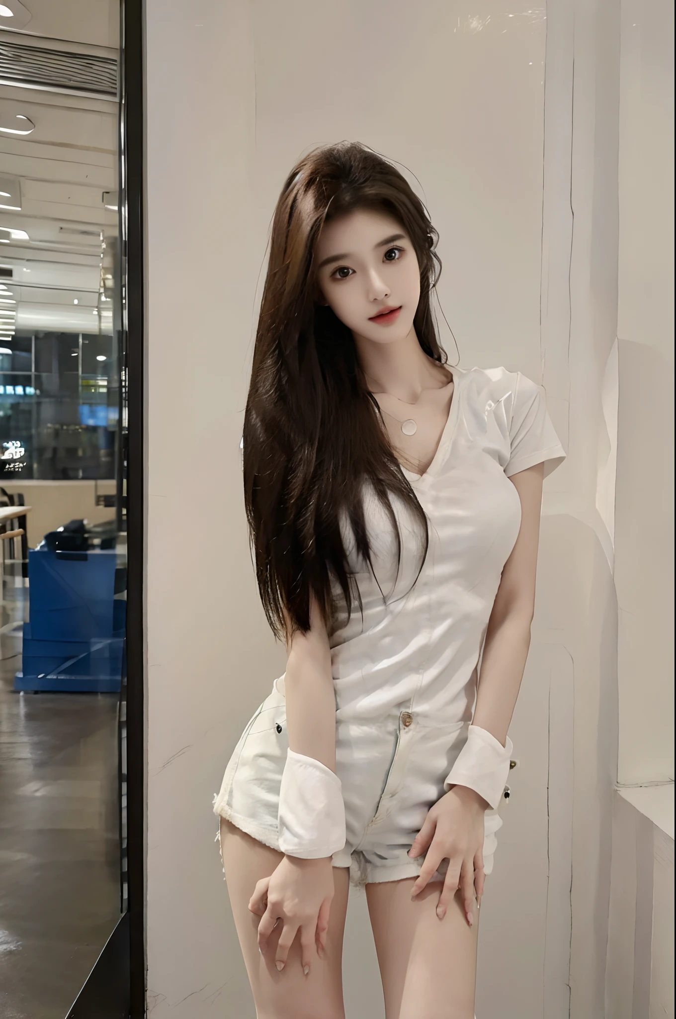 realistic, high resolution, 1 girl, long hair, korean,, loose white shirt, skinny denim shorts,, thighs, panties visible,