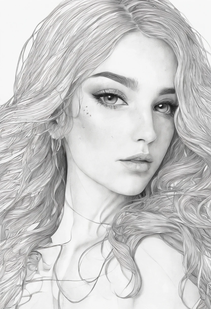 obra maestra, mejor calidad, defined black lines, dibujo para colorear, 1girl, solo, agua, chica abrazando tulipanes, long hair, curly hair, fondo simple, fondo blanco, monocromo, lineart, ((sketch))