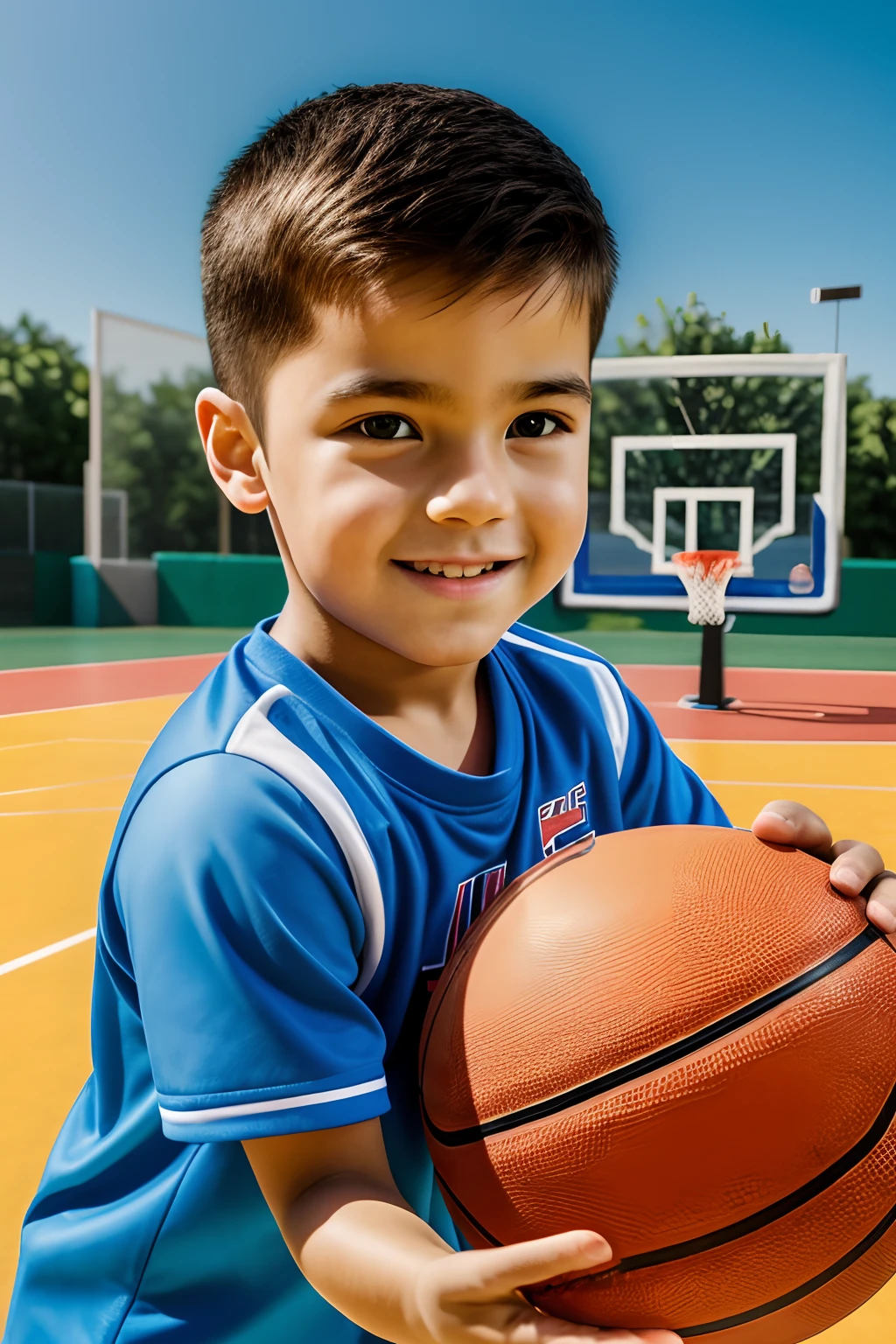 （best qualtiy，tmasterpiece，Hyper-realistic），1 cute handsome boy portrait，Playful and cute，Background basketball court，Playing ball