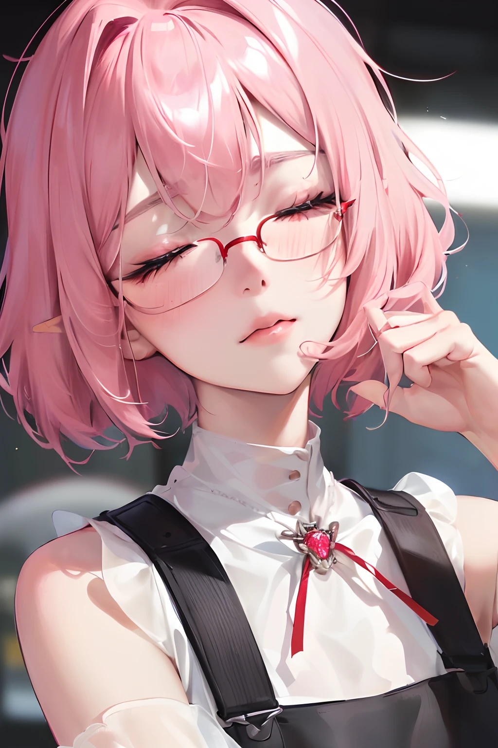 ((A pink-haired:1.2))), (((Platinum pink eyes:1.2))), (((slightly pointed ears:1)))、(((Red glasses with slightly thicker frames:1.2)))、(((Incredibly beautiful hair:1.2)))、(((shiny lips: 1.4)))(((Blunt bangs:1.2))), (((Short bob hair:1.2))), Beautiful face, acurate, Anatomically correct, Highly detailed facial and skin texture, Detailed eyes, Double eyelids, tthin eyebrows、 pale skin, Lustrous skin all over the body, Perfect face,Always detailed face and skin texture, Detailed eyes, Double eyelids, Thin eyebrows,Natural cheeks, Glossy skin, Fair skin: 1.2, (Glossy lips: 1.4),(((5years old:1.2))、(((toddlers:1.2)))、(((The cutest girl)))、(((Toddler Girl)))（Young children）、（Height 70cm）、（little blush）、（Young Face）、（Round face）、(Beautiful, Gorgeous and cute beautiful girl 1.3), Delicate and beautiful hair, Delicate and beautiful eyes and face, (Beautiful gorgeous cute western girl:1.3)(((flat breast)))(((Very pretty face))))(((long lashes))))(((Circular twinkling eyes))) (((Glossy and glossy lips)))(((Cheeks with a slight reddish tinge:0.8)))(((Neat and straight nose bridge)))、8K, Raw photo, Best Quality, masutepiece: 1.2), (Realistic, Realistic: 1.37)