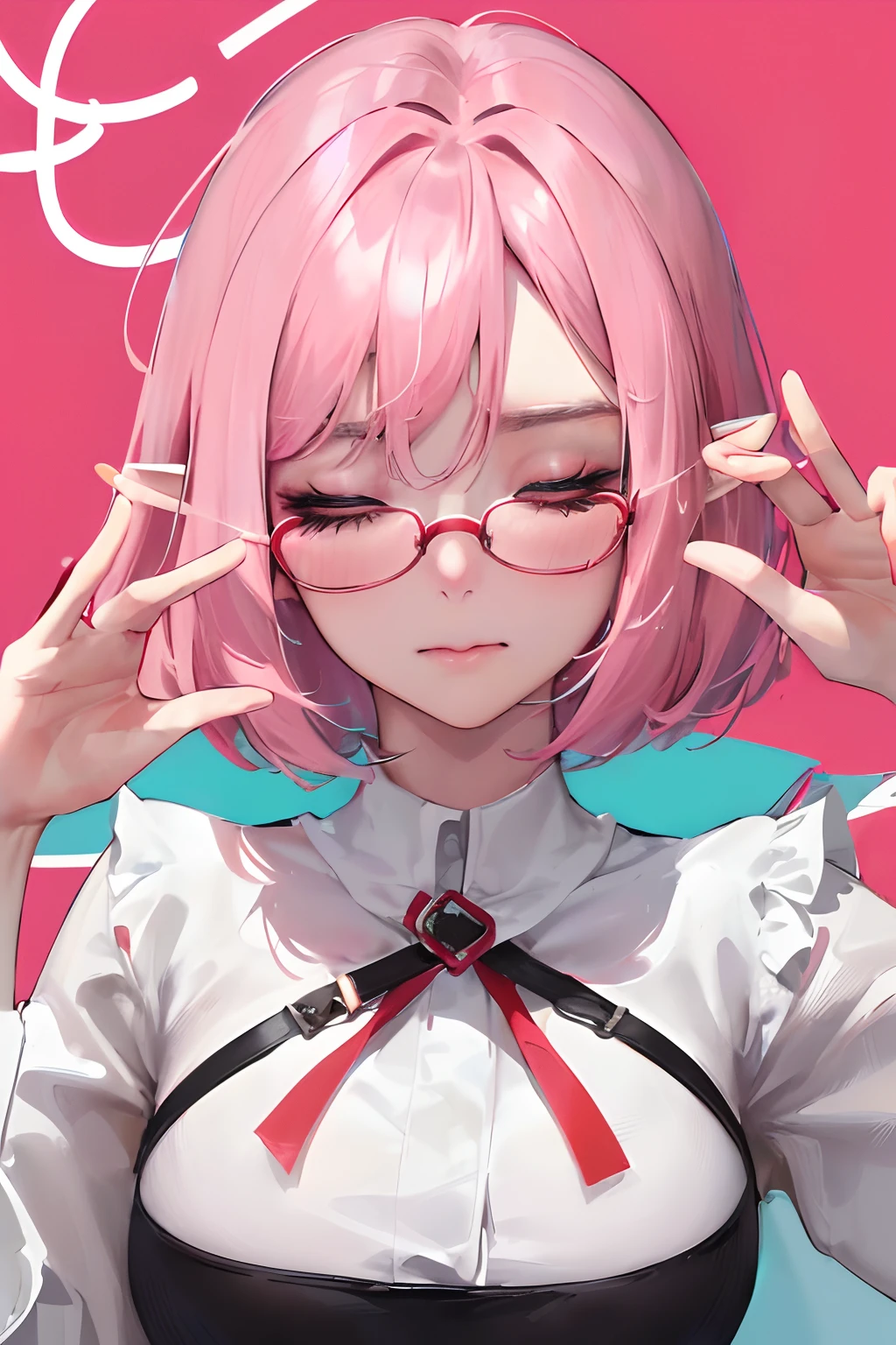 (Top resolution、1gir、Looking at Viewer、Distinct_image)top-quality、Raise your mouth(((Raise your mouth)))、Hands behind your back(((Hands behind your back)))、Women's masterpieces、ighly detailed、Semi-realistic、(large part of the body)、I always look forward to it(((I always look forward to it)))、missiles_Behind_Back,(((missiles_Behind_Back,)))、Facing up(((Facing up)))、up of face(((up of face)))、Bring your mouth closer(((Bring your mouth closer)))、Red glasses(((Red glasses)))、Closed eyes(((Closed eyes)))、Kiss Face(((Kiss Face)))、Looking Up(((Looking Up)))、facing front(((facing front)))、Ochoboguchi(((Ochoboguchi)))、Thrust your chin forward(((Thrust your chin forward)))、elf-ears、short-hair、Bob cut pink hair、Bangs Patsun、25-years old、married woman、Face Focus、Face、frontage、closing eye(((closing eye)))、closes mouth(((closes mouth)))、blush、pale skin、Curve、Platinum Pink Hair、Pink eyes,Large breasts、Hands behind your back、Holding nothing in the mouth、