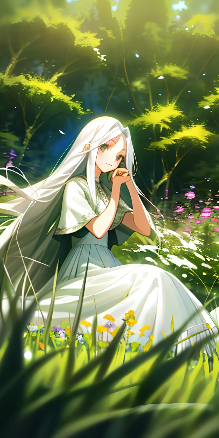 (tmasterpiece,best qualtiy),1 girl with long white hair sitting in a field of greenery and flowers,her hand under her chin,warmly lit,white dresses,Blurred foreground,Exposing and
