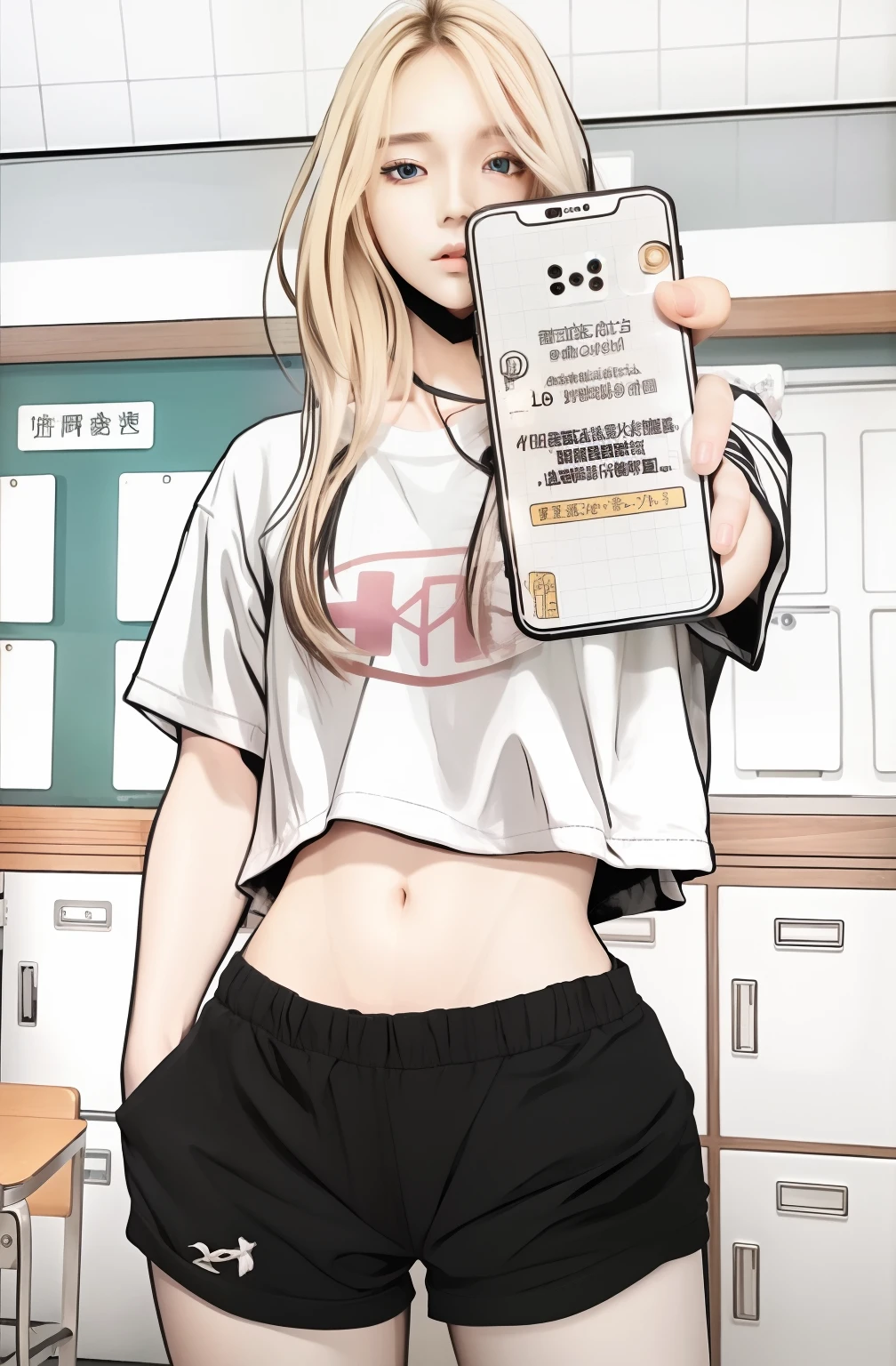 1 girl ,in a white shirt ,holding a cell phone in her hand, white skin, white t-shirt, long hair, black low pant, realistic realistic skin, realistic eyes, perfect skin, perfect eyes, masterpiece, ultra detail, photograpy, best image quality, very realistic very detail, 8k,