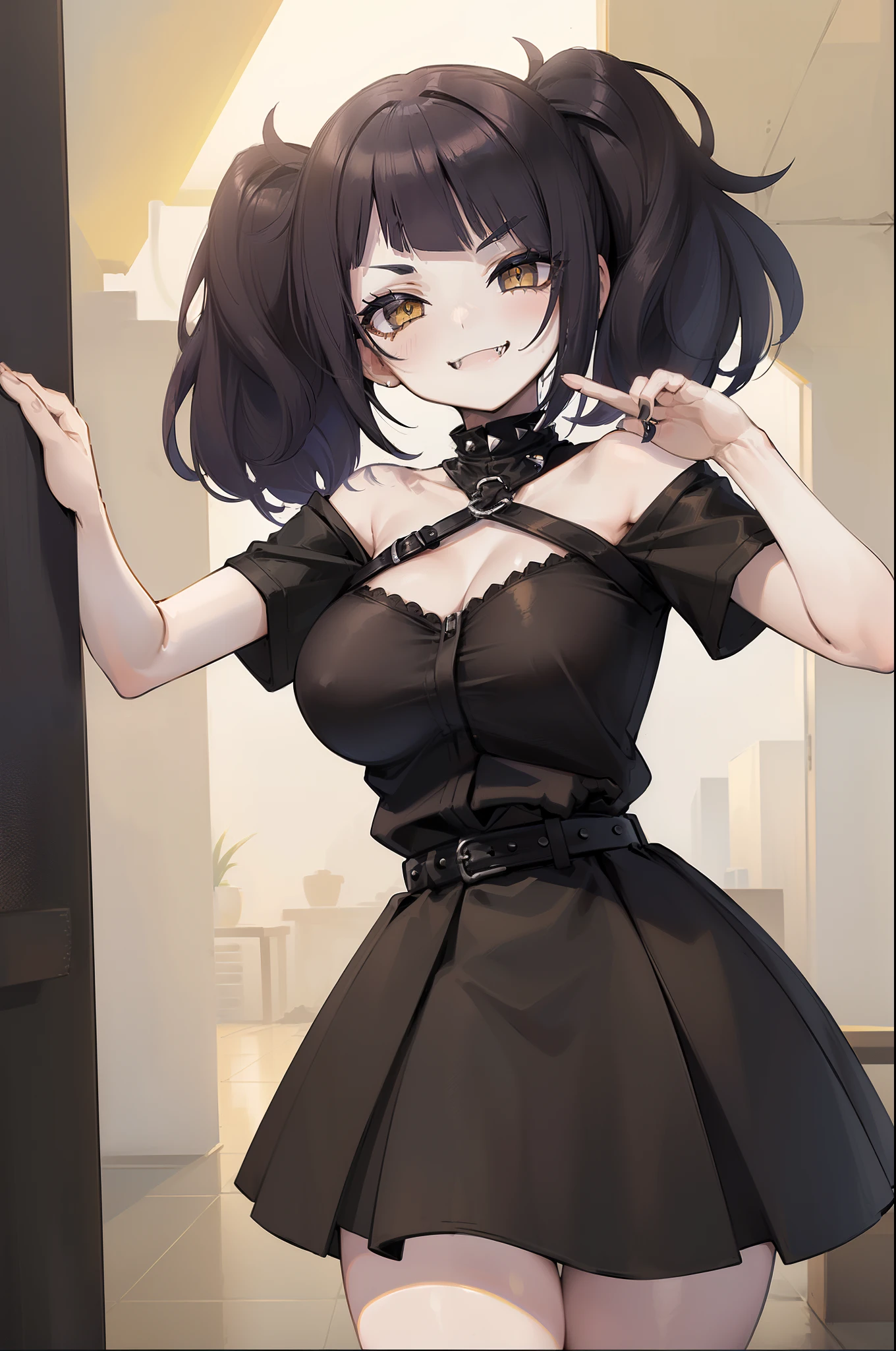 masterpiece, best quality, high quality, 1 girl, solo, Broadly Smiling, Open Mouth, Fangs Out, huge Breasts, Blush Eyeshadow, blue hair, ((Medium short hair)), ((messy Hair)), (Short hair), (((Unkempt hair))), ((big sized short twin tails)), ((diagonal bangs)), Yellow eyes, slant eyes, ((thick eyebrows)), fangs, (((Spiteful smile, smirk, fangs))), ((black short sleeve shirt)), black pleated short skirt, spike choker, spike leg ring, black shoes, yellow belt, huge breasts, highly detailed fine art, (finely detailed beautiful eyes and detailed face), delicate depiction of facial features, detailed metal jewelry, sharp outline, Best Quality, masterpiece, Brilliant Colorful Paintings