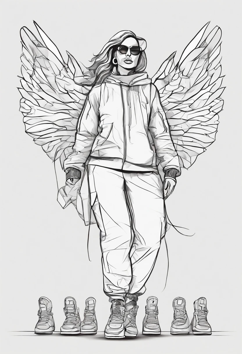 lliterate a coloured wireframe illustration using vector low-poly line war torn ghetto female angel with huge wings wearing baggy saggy urban clothing nike sneakers and dreadloc with baskeballs ballin she ballin!