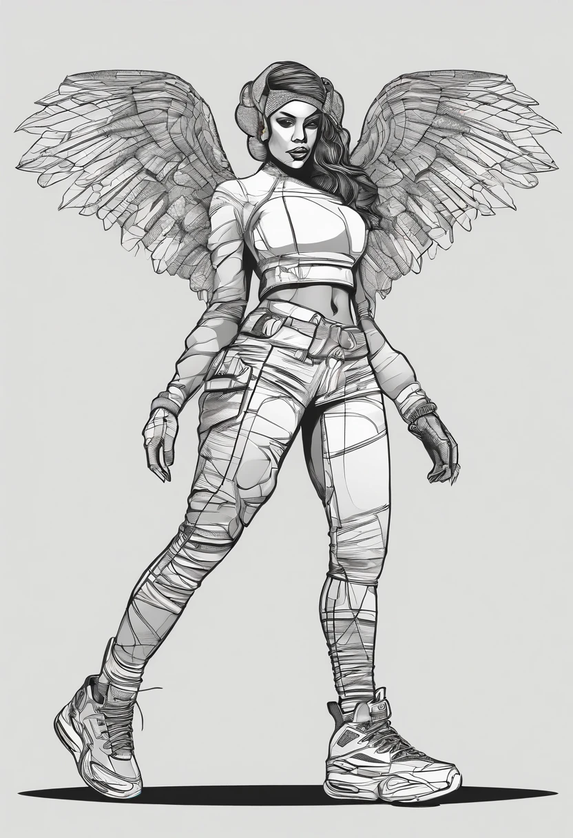 lliterate a coloured wireframe illustration using vector low-poly line war torn ghetto female angel with huge wings wearing baggy saggy urban clothing nike sneakers and dreadloc with baskeballs ballin she ballin!