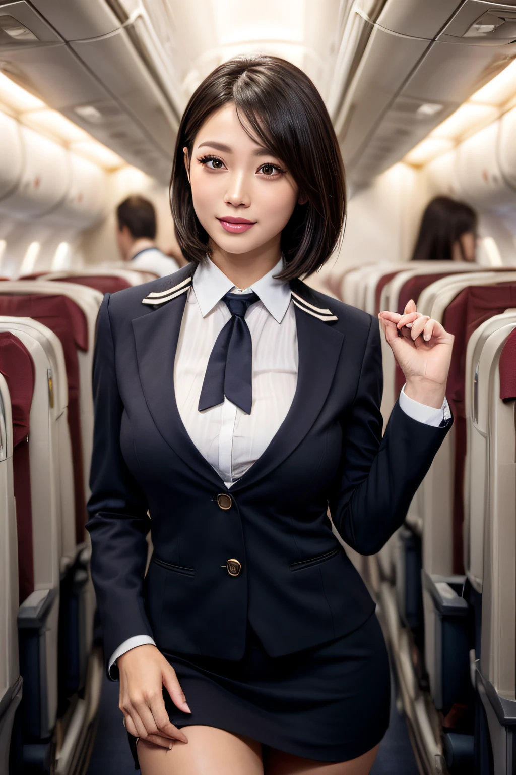 1womanl, 40 years、hyperdetailed face、Detailed lips、A detailed eye、二重まぶた、(Black bob hair、Like a stewardess on an airplane々Doing a good job)、(Stewardess uniform:1.2)、(Glamorous body)、(Colossal tits)、smil、thighs thighs thighs thighs, Perfect fit, Perfect image realism, Background with: (Business Class aisle on airplanes:1.2), Cowboy Shot, Meticulous background with, detailed costume, Perfect litthing、Hyper-Realism、(Photorealsitic:1.4)、8K maximum resolution, (​masterpiece), ighly detailed, Professional