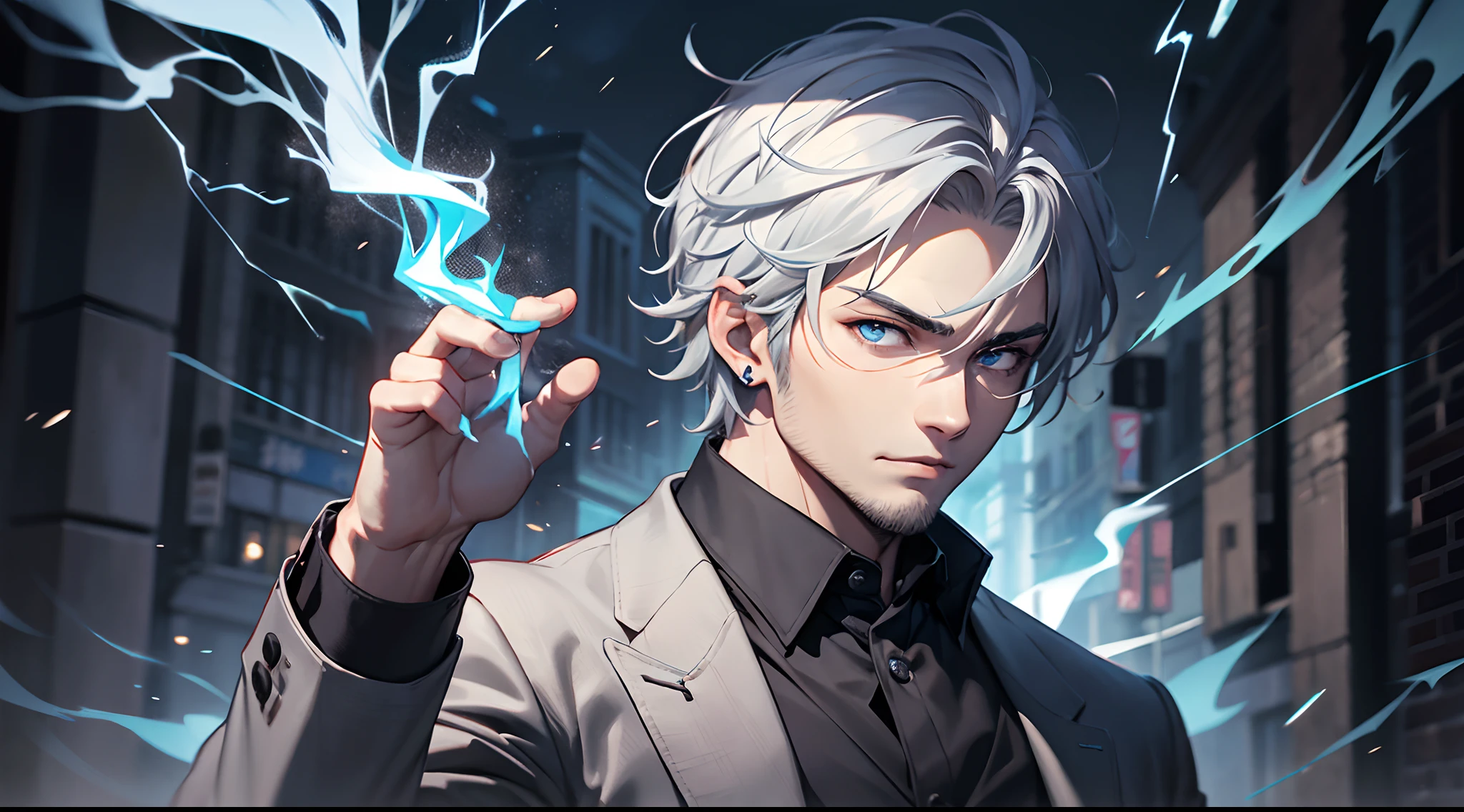 (hoang lap,A high resolution,hyper-detailing,hdr),masterpaintings,Best Quority,A boy with,独奏,Handsome,cold,Disregard for life,Short Hair Hair,gray hairs,Fine eyes and detailed face,Straight suit,Put your hands in your pockets,Real shadows,Raise your hand peace sign,cheerfulness,Ear stitching,Lightning surrounds,Blue flame,white color hair,Indifferent and arrogant,Full body like, light beard