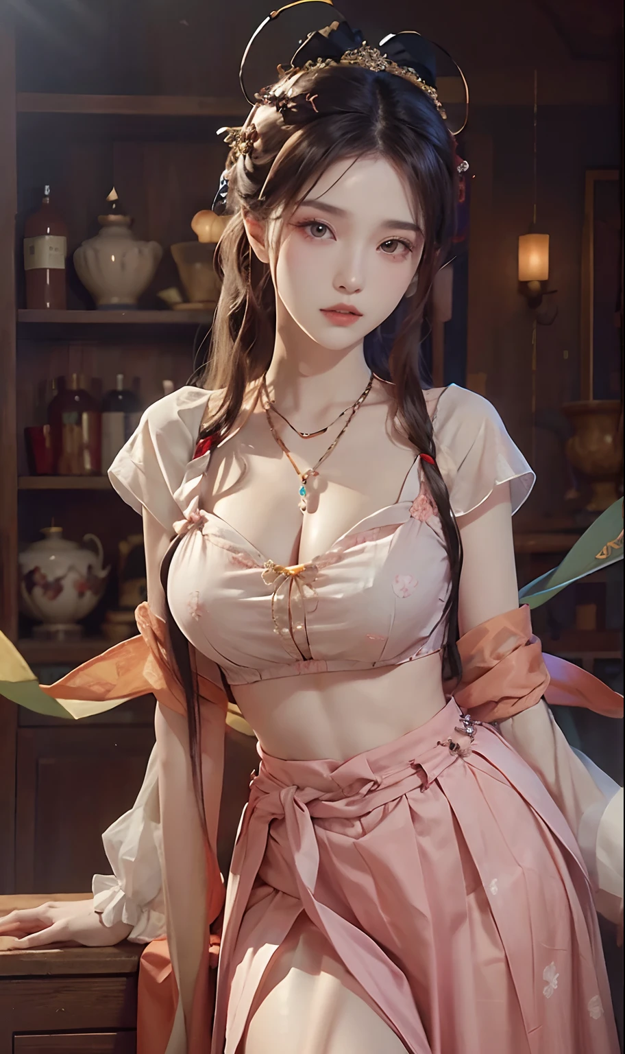(RAW photogr,best qualtiy), best qualtiy, The is very detailed, tmasterpiece, ultra - detailed, illustratio, one-girl, (huge boob,cleavage), dynamic angle, best qualtiy, extremely detailed CG unity 8k wal,电影灯光,Dunhuang-style women wear waist skirts,Upper body dark red collared shirt,Wrapped in a heavy chest,The waist is just tied around the waist,Pendant with pressed skirt beads,The skirt is a pale white pleated skirt;Eyes like apricots,The lips are lit with vermilion rouge,With an intellectual temperament,Beautiful without losing stability and maturity。