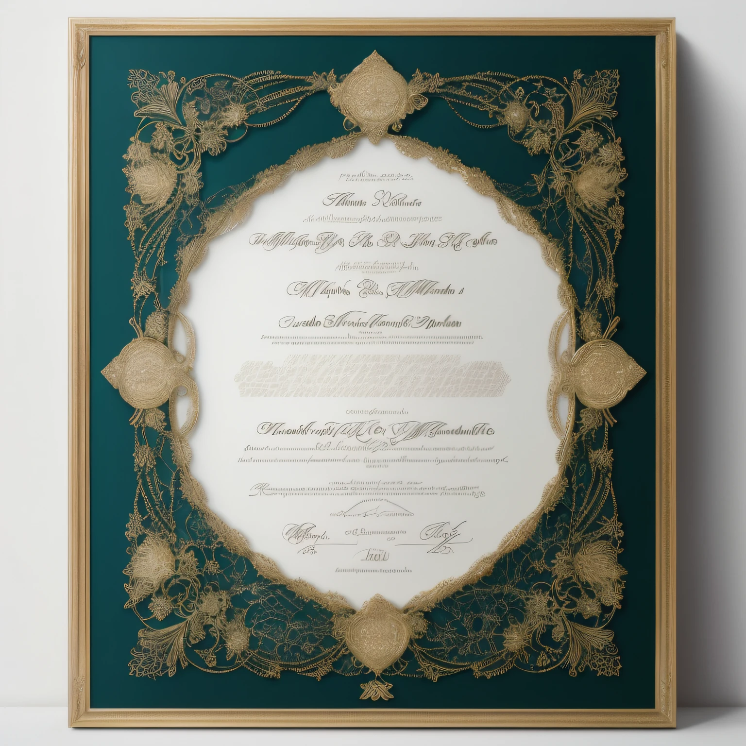 there is a framed picture of a wedding certificate on a table, intricate gold linework, official print, gold detailed line work, intricately detailed engravings, intricate border, signed, award winning engraving, ilya, intricate engraving, stunning detailed picture, highly detailed fine art, nicholas, elegant. highly detailed, very detailed picture, detailed intricate elegant, engraved