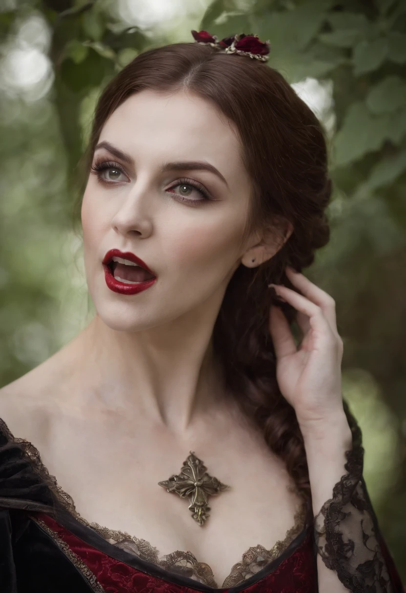 a vampire woman,, beautiful vampire queen, a woman vampire, carmilla vampire, vampire girl, Open your mouth to reveal your fangs, Vampire prey, The Elder Scrolls Serena costume