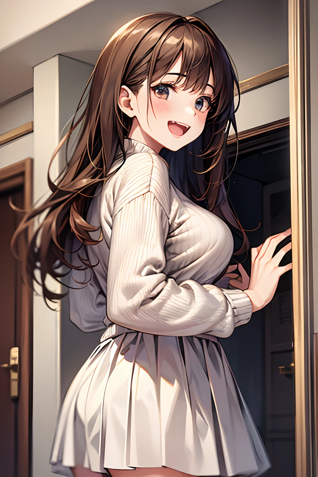 ((1girl in)), Curate, Anatomically correct, Super Detail, top-quality, Very delicate, The upper part of the body, Very petite and cute girl , (Breasts are big:1.5), very , Brown hair, loose and fluffy semi-long hair,  White long sleeve sweater, Denim skirt, Veranda of a modern high-rise apartment,  Laughing with open mouth, Hanging laundry, from the front side