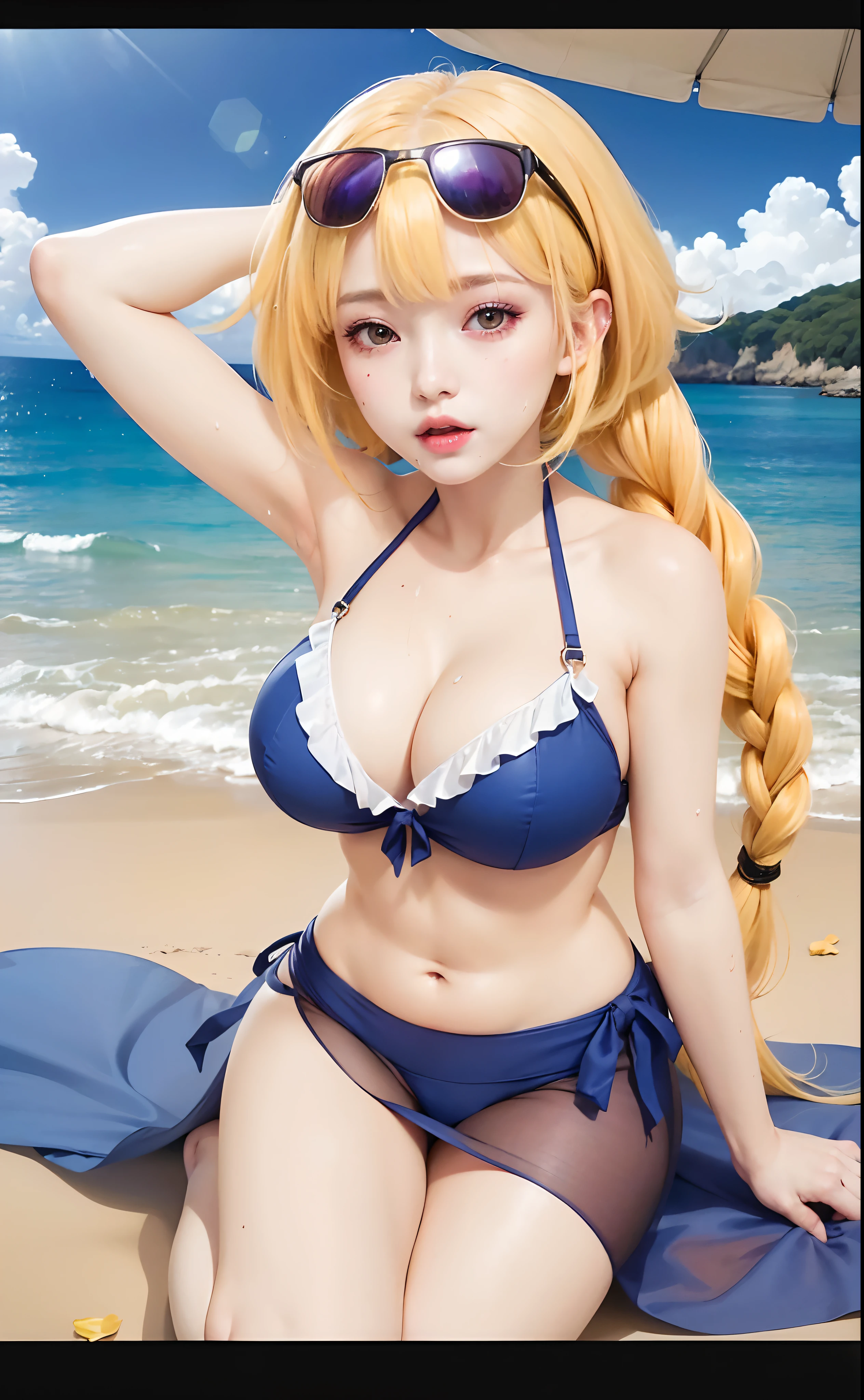 best quality, ultra high res, (photorealistic:1.4), 8k resolution, girl, (yellow hair:1.3), (realistic hair:1.2), (Korean girl:1.2), (realistic eyes:1.2), (beauty face:1.3), perfect body, white pale skin, big breast, cleavage, , (eyes looked up:1.3), (wet body and thong:1.2),