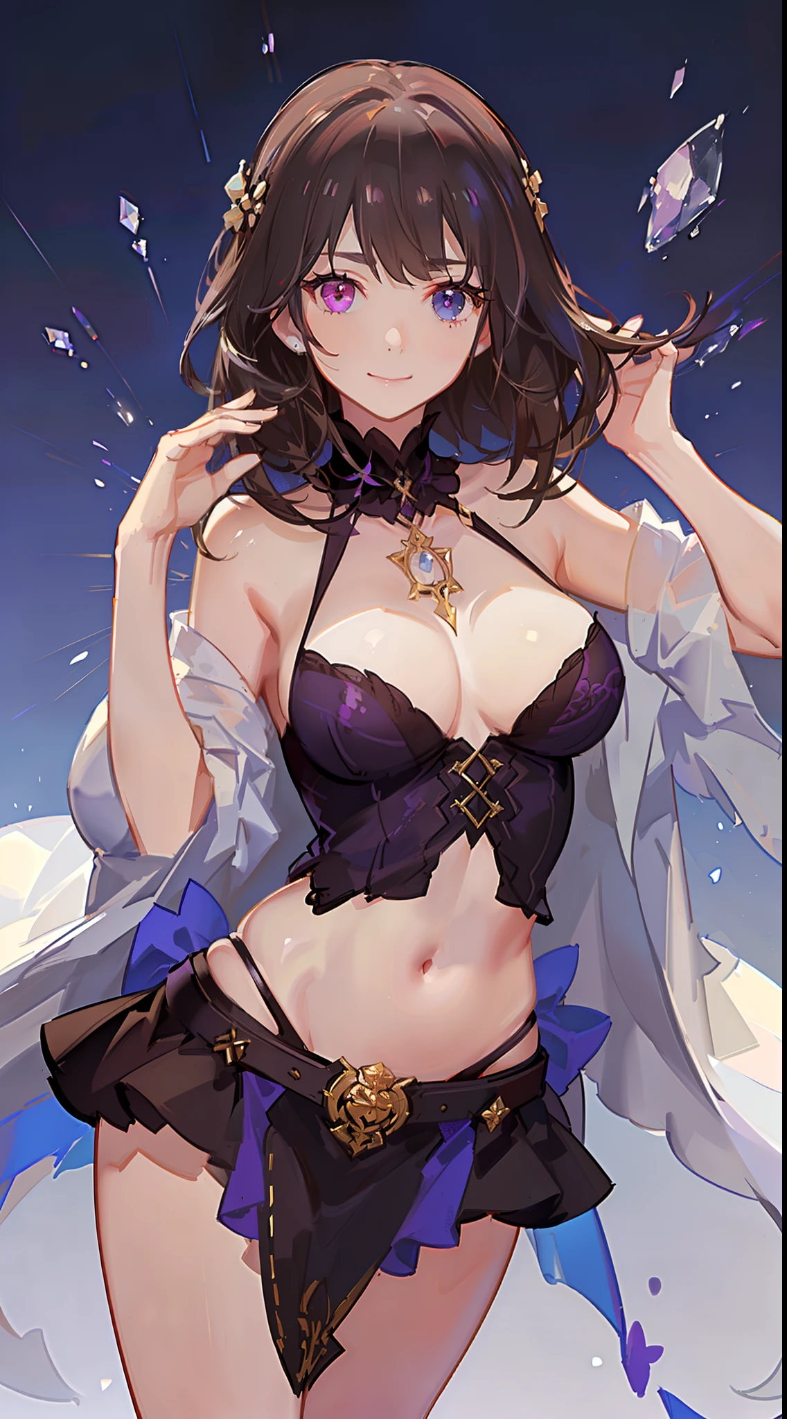 young girl, Long brown hair, Heterochromia, golden and purple eyes, Purple robe, Sleeveless, Deep neckline on the chest, open breasts, open belly, ssmile, Masterpiece, hiquality, high detail, HD, 4k