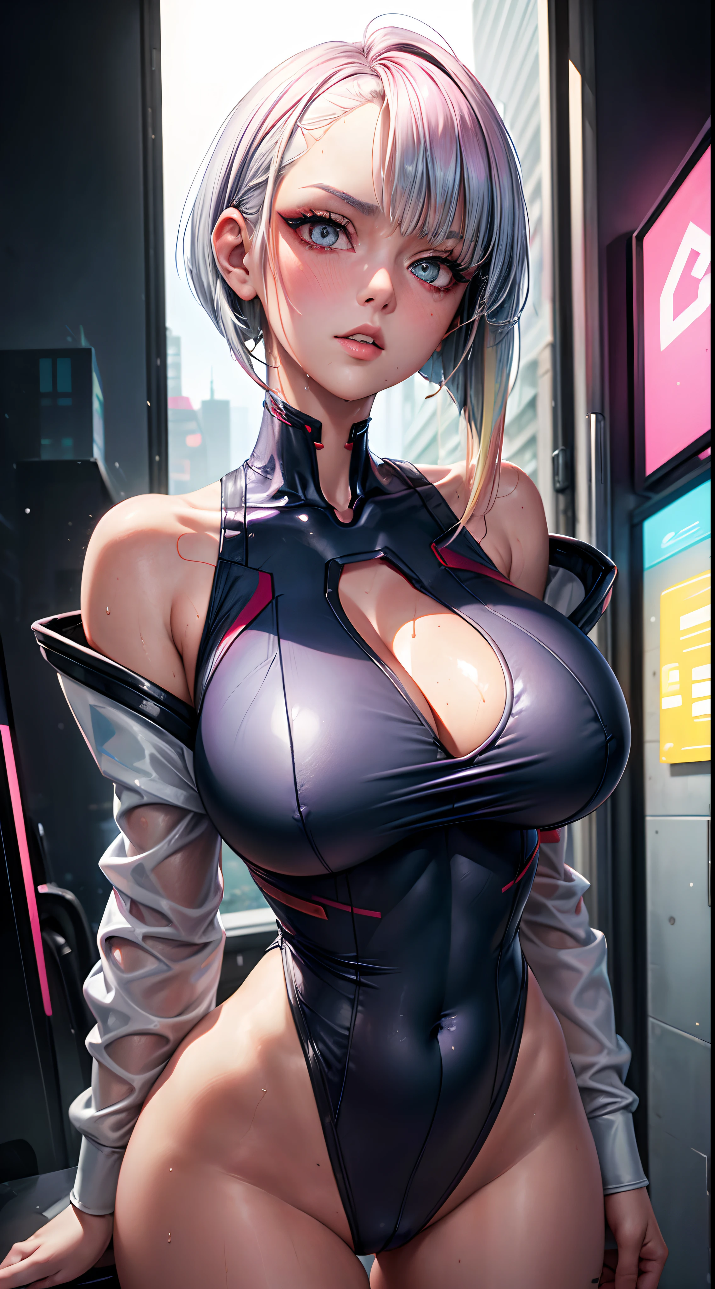 ((hyper realism)), (((upper body fisheye photo))), ((from below fisheye angle)),( Lucy \(cyberpunk\) ), 1girl, (((skinny model girl))), (((face portrait))), perfect model face, oval face, sharp chin, sharp small nose, glossy nose tip, glossy blush cheeks,(((snowing))) ((((big realistic open eyes)))), shy face, (((emberressed blushing face:1))), ((eye bags:1.2)), bangs, (((tight squeezed cleavage:1))), short bob haircut with long bangs, blue hair, colored tips, grey eyes, jacket, long sleeves, looking at viewer, medium hair, face portrait, multicolored hair, (((huge breasts))), (((cleavage open))), (((slim thick thighs))), (((skinny slim waist:1))), hair flying upwards, parted lips, parted bangs, eyes open, pink hair, portrait, ((red eyeliner)), full glossy lips, solo, white jacket, cyberpunk \(series\), cyberpunk edgerunners, (((wet skin)))