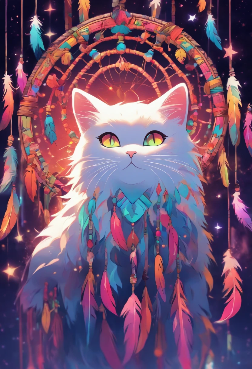 (White cat in the circle of colorful dream catchers),"T-shirt design with circular silhouette of cat face, Crescent, and stars in the