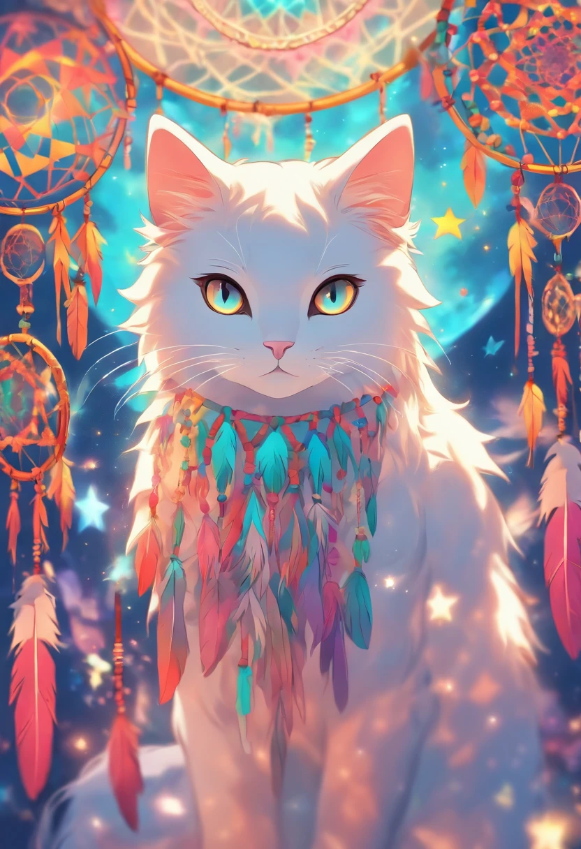 (White cat in the circle of colorful dream catchers),"T-shirt design with circular silhouette of cat face, Crescent, and stars in the