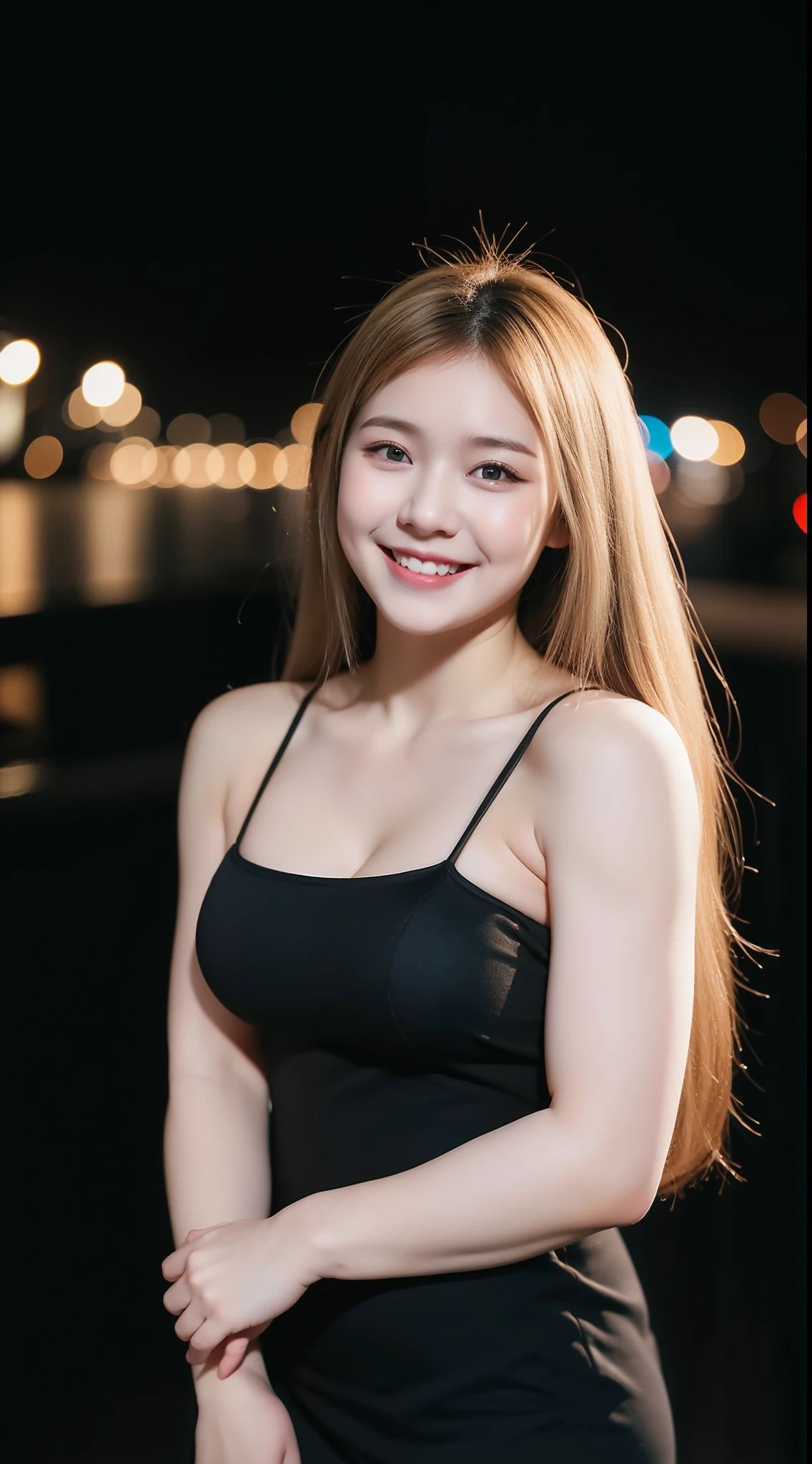 Beautiful, Baby Face, 20 Yearsold Girl, Beige Hair, Detailed Black Gothic Dress, Colossal Breast, Chubby Muscle, Athletic Body, White Skin, Smiling, Dark City Background, Perfect, Half 4:3 Potrait, Bokeh Effect