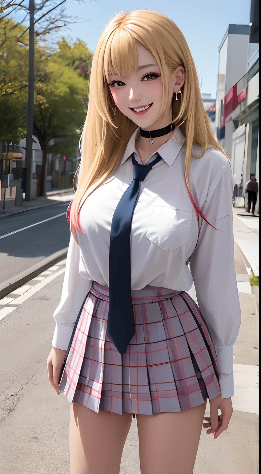 masterpiece, best quality, highres, kitagawa marin, 1girl, blonde hair, long hair, multicolored hair, red eyes, jewelry, earrings, piercing, school uniform, white shirt, tied shirt, black choker, blue necktie, plaid skirt, grin, smile, standing, cowboy shot, outdoors, perfect finger hand, huge breast