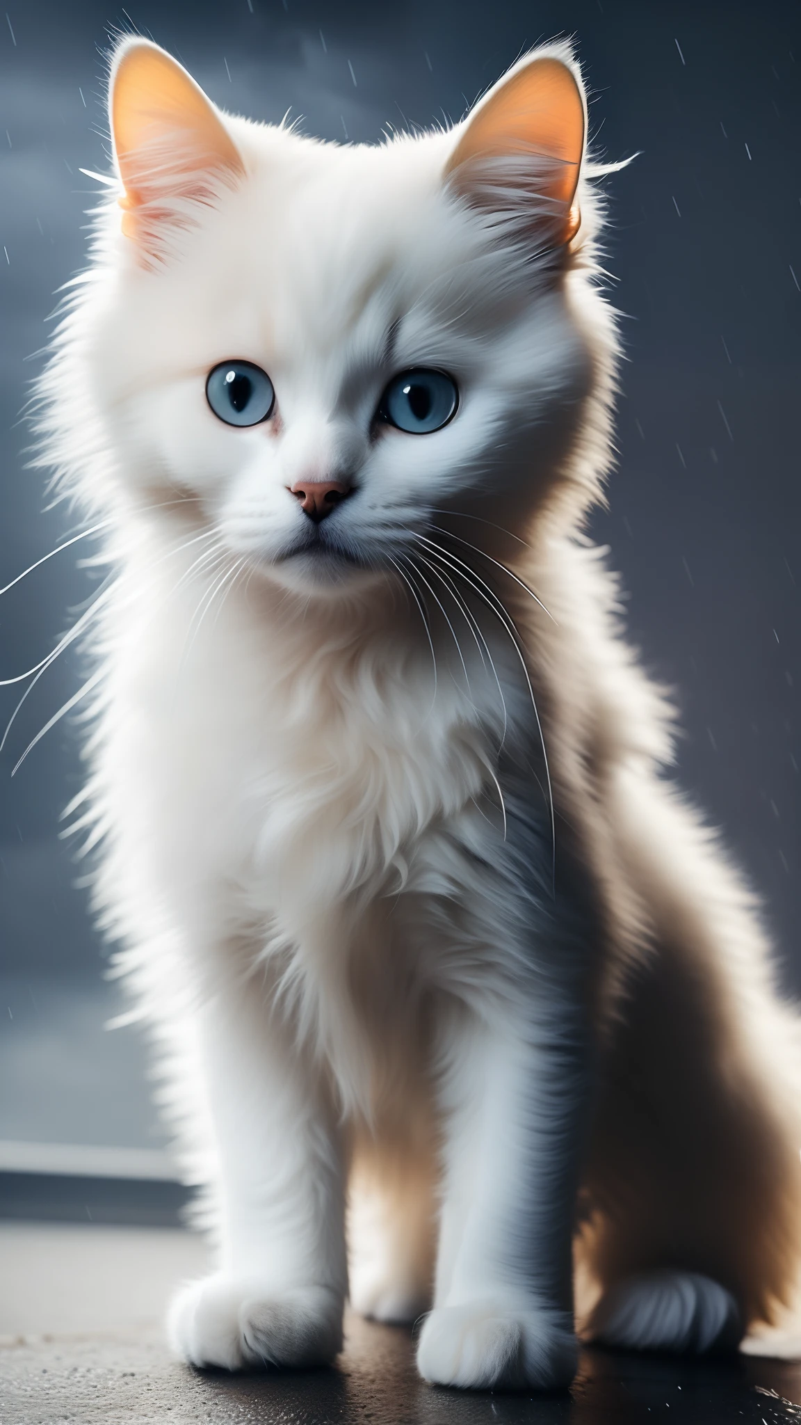 White colored cat puppy wearing raincoat, stormy weather, with cinematic lighting and ultra realistic details, realistic photo, cinematic photography, incredibly detailed, film lighting