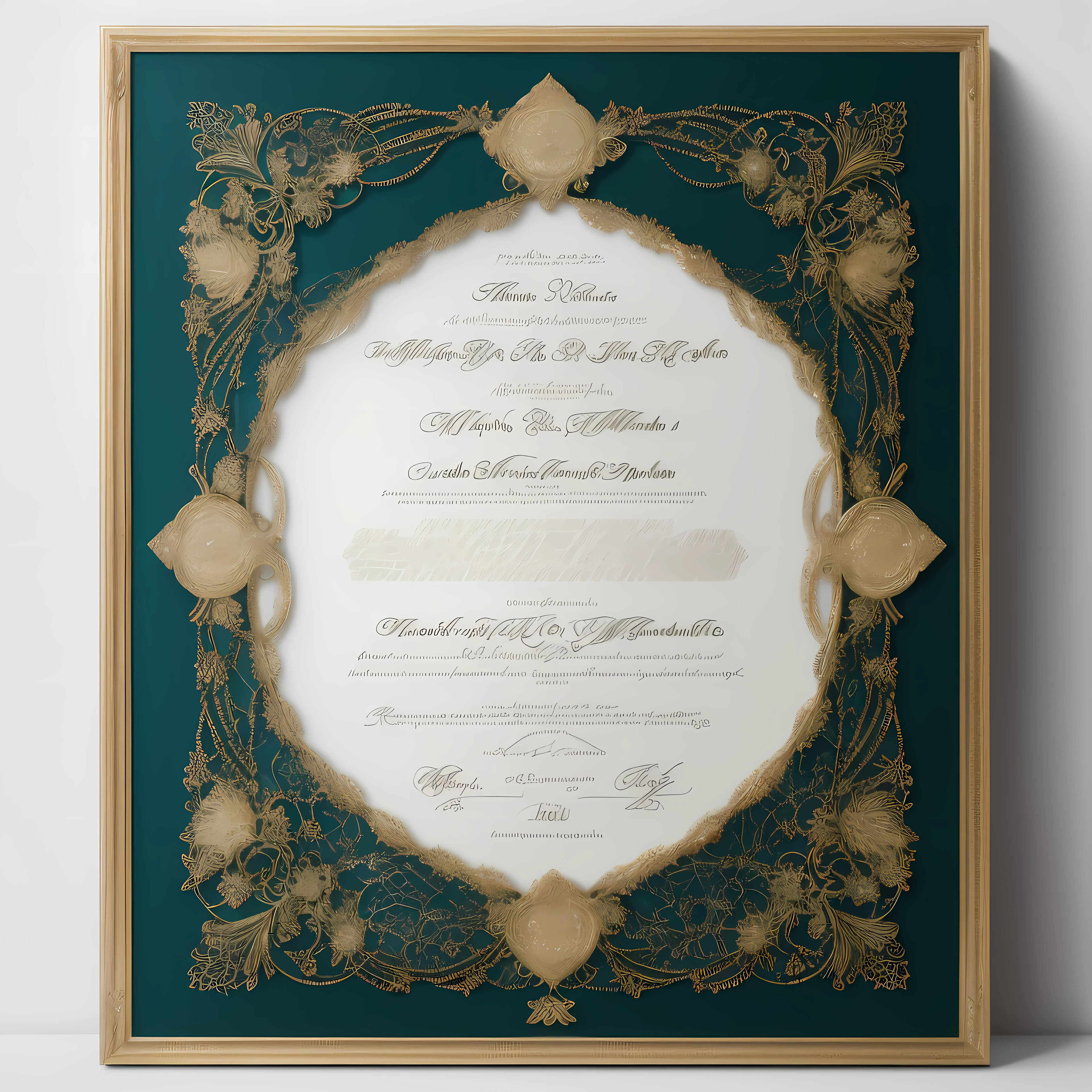 there is a framed picture of a wedding certificate on a table, intricate gold linework, official print, gold detailed line work, intricately detailed engravings, intricate border, signed, award winning engraving, ilya, intricate engraving, stunning detailed picture, highly detailed fine art, nicholas, elegant. highly detailed, very detailed picture, detailed intricate elegant, engraved