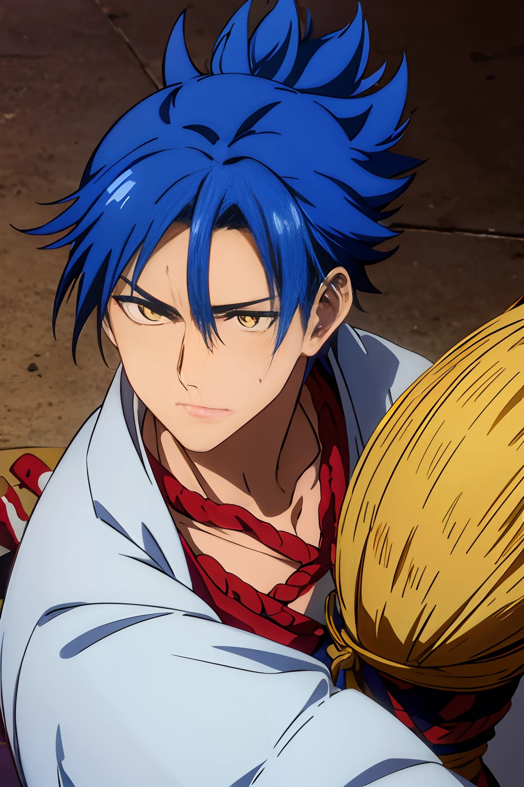 Naotora Takeda, Orient, an animated character, Anime Face, blue spiky hair, Yellow eyes, Scar face, Wearing what looks like traditional samurai armor in light blue.