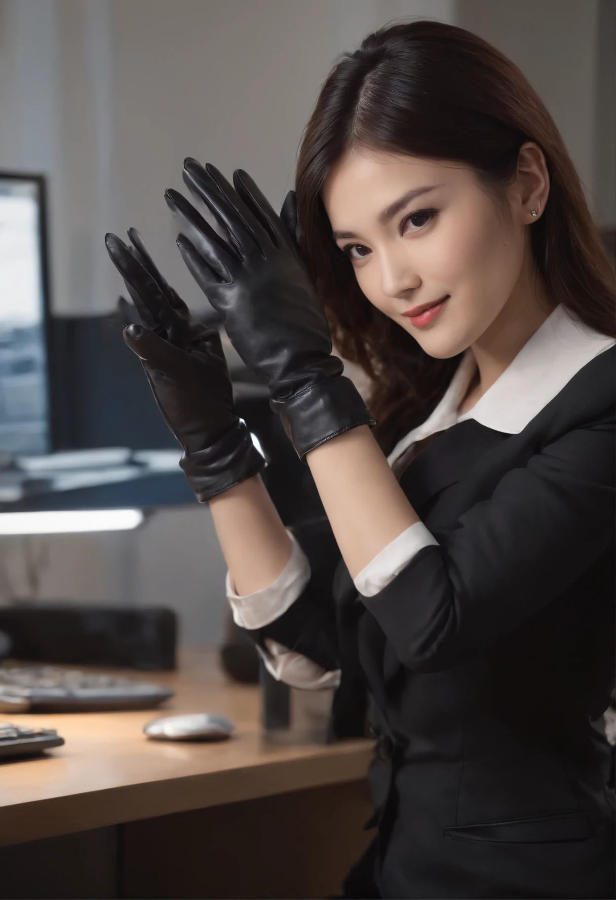 Wearing black leather gloves in both hands, upper body, black business suit, facing the desk in my room with a computer in the dark, looking down and smiling, operating the computer with the fingertips of black leather gloves, black hair bundled at the back for a long time, still young and very cute Japanese female new employee (black leather gloves cover both hands)
