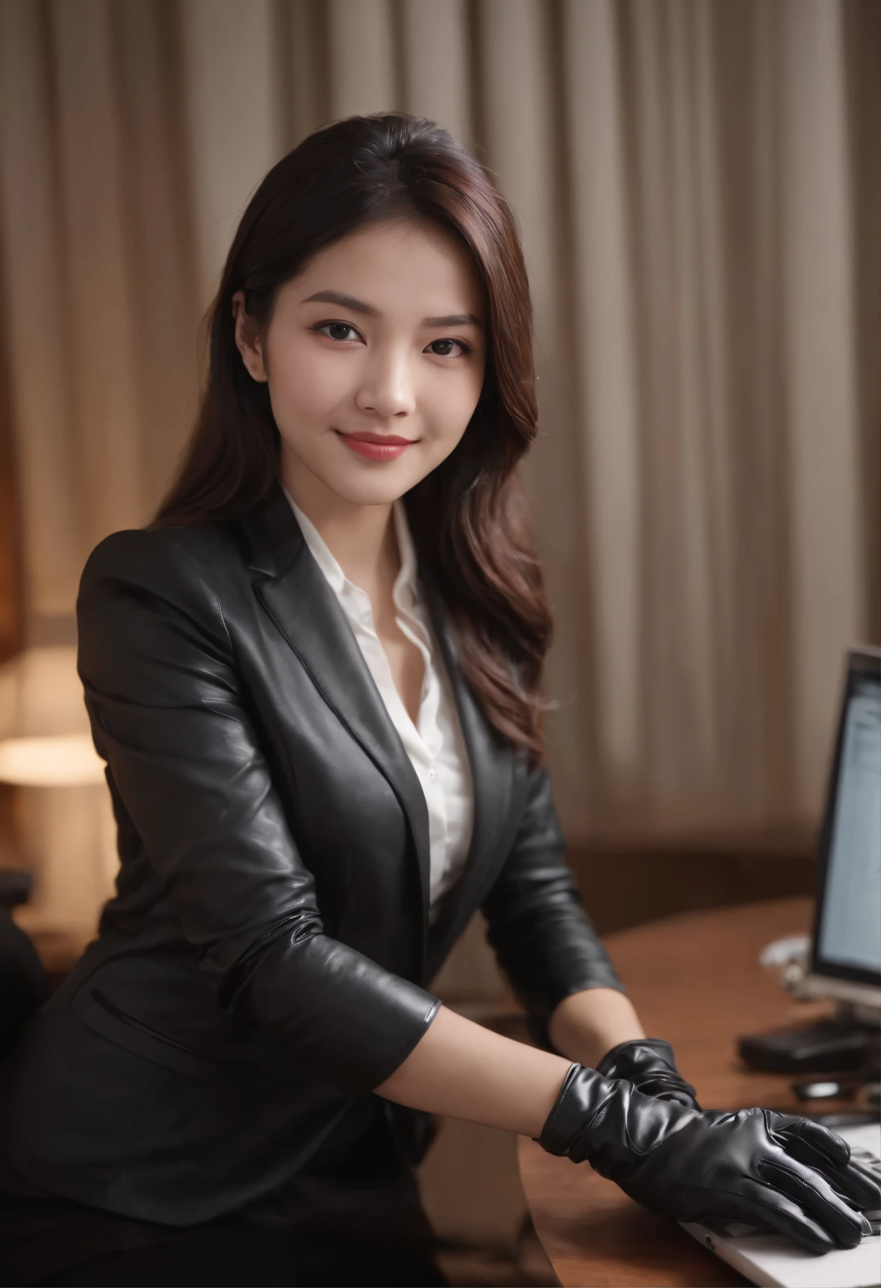 Wearing black leather gloves in both hands, upper body, black business suit, facing the desk in my room with a computer in the dark, looking down and smiling, operating the computer with the fingertips of black leather gloves, black hair bundled at the back for a long time, still young and very cute Japanese female new employee (black leather gloves cover both hands)