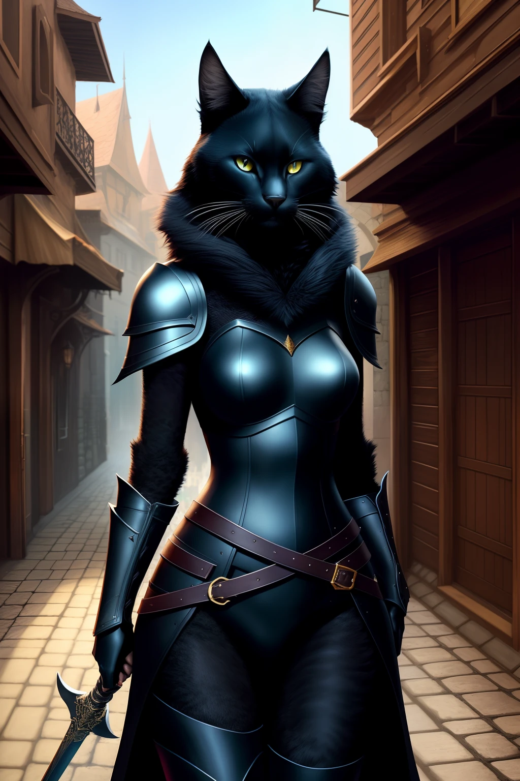 black furred female tabaxi, in thief black leather armor, black hood on her head, Holding a radiant energy Dagger in each hand, realistic render, octane render, zbrush. Character design, photorealistic, unreal engine, hyper-detailed, concept art, trending on art station. ((best quality)), ((masterpiece)), ((realistic)), (detailed), full body portrait, black furred female tabaxi, blue eyes, wearing thief black leather armor, highly detailed Fur, looking at the viewer, Fantasy art, stunning gradient colors, no watermark signature, closed mouth, detailed background, town, alley, dark alley, closed mouth, insanely detailed, , ((masterpiece)), absurdres, HDR