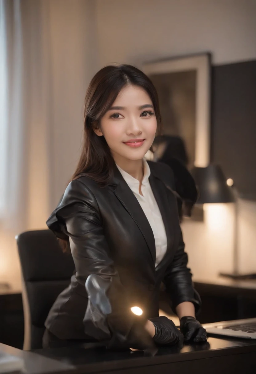 Wearing black leather gloves in both hands, upper body, black business suit, facing the desk in my room with a computer in the dark, looking down and smiling, operating the computer with the fingertips of black leather gloves, black hair bundled at the back for a long time, still young and very cute Japanese female new employee (black leather gloves cover both hands)