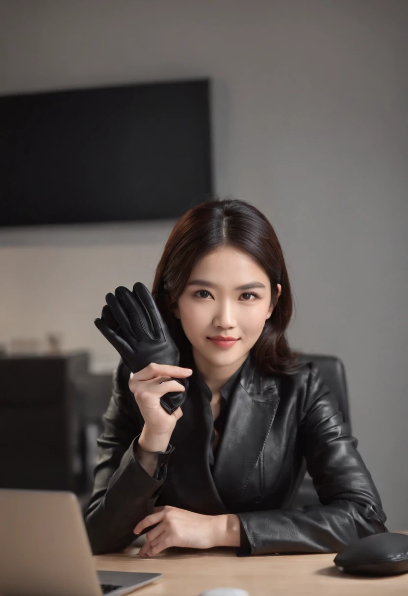 Wearing black leather gloves in both hands, upper body, black business suit, facing the desk in my room with a computer in the dark, looking down and smiling, operating the computer with the fingertips of black leather gloves, black hair bundled at the back for a long time, still young and very cute Japanese female new employee (black leather gloves cover both hands)