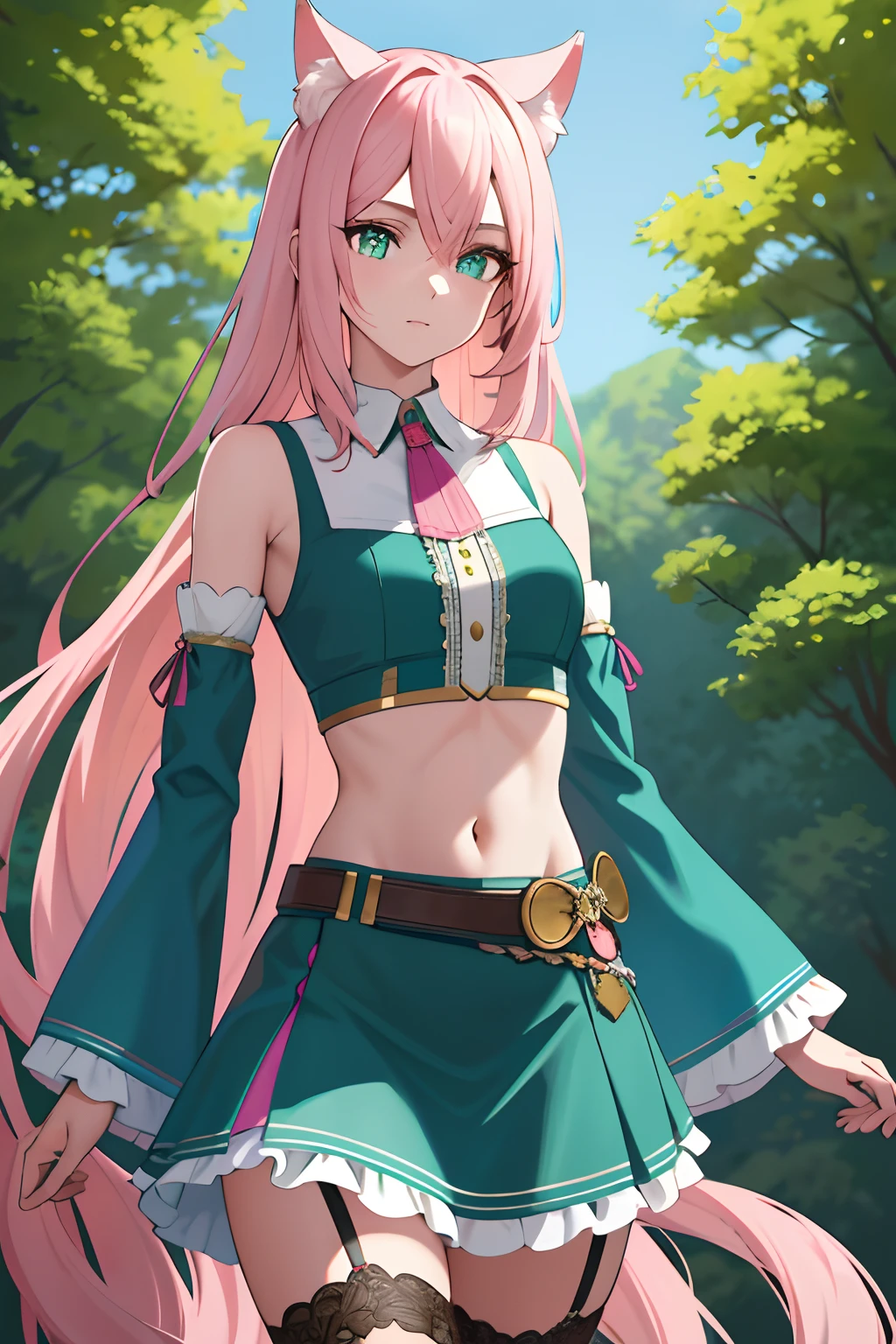 intricate details, 1girl, dionadef, aged up, absurdly long pink hair, calico cat ears, detailed teal green eyes, detailed crop top, detached sleeves, midriff, detailed skirt, detailed stockings, outside, nature, detailed background, cowboy shot