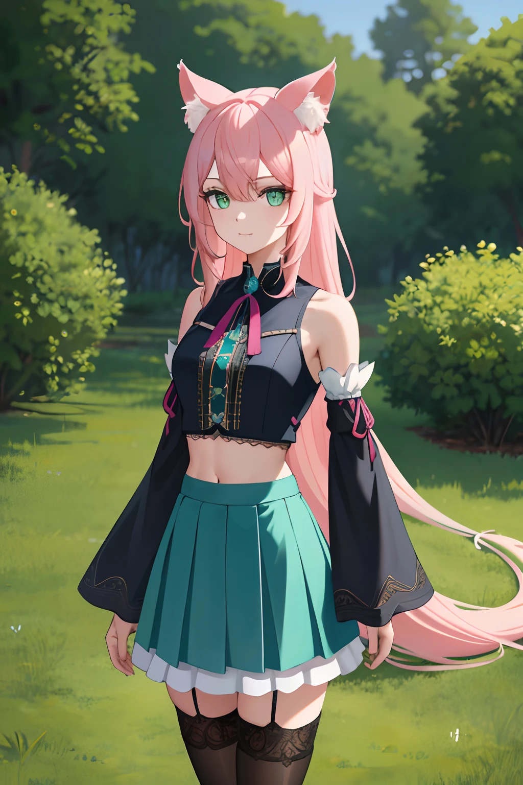 intricate details, 1girl, dionadef, aged up, absurdly long pink hair, calico cat ears, detailed teal green eyes, detailed crop top, detached sleeves, midriff, detailed skirt, detailed stockings, outside, nature, detailed background, cowboy shot