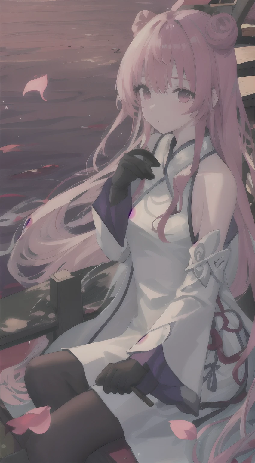 Top quality, Ink painting style, Fresh and elegant, Clear sea,In the setting sun,The petals fall quietly, Girl in pure white cheongsam, holding a longsword,A gentle breeze ruffles the hair, In the middle of the harbor, A poetic scene