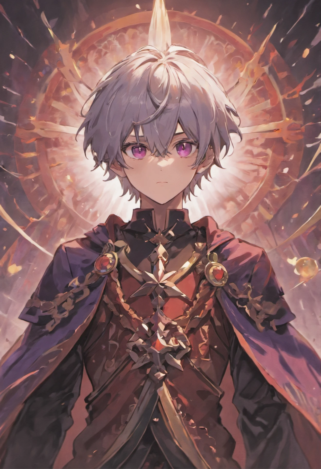 Describe a boy with silver hair and dark red eyes. Wearing royal attire and typical black and purple swords