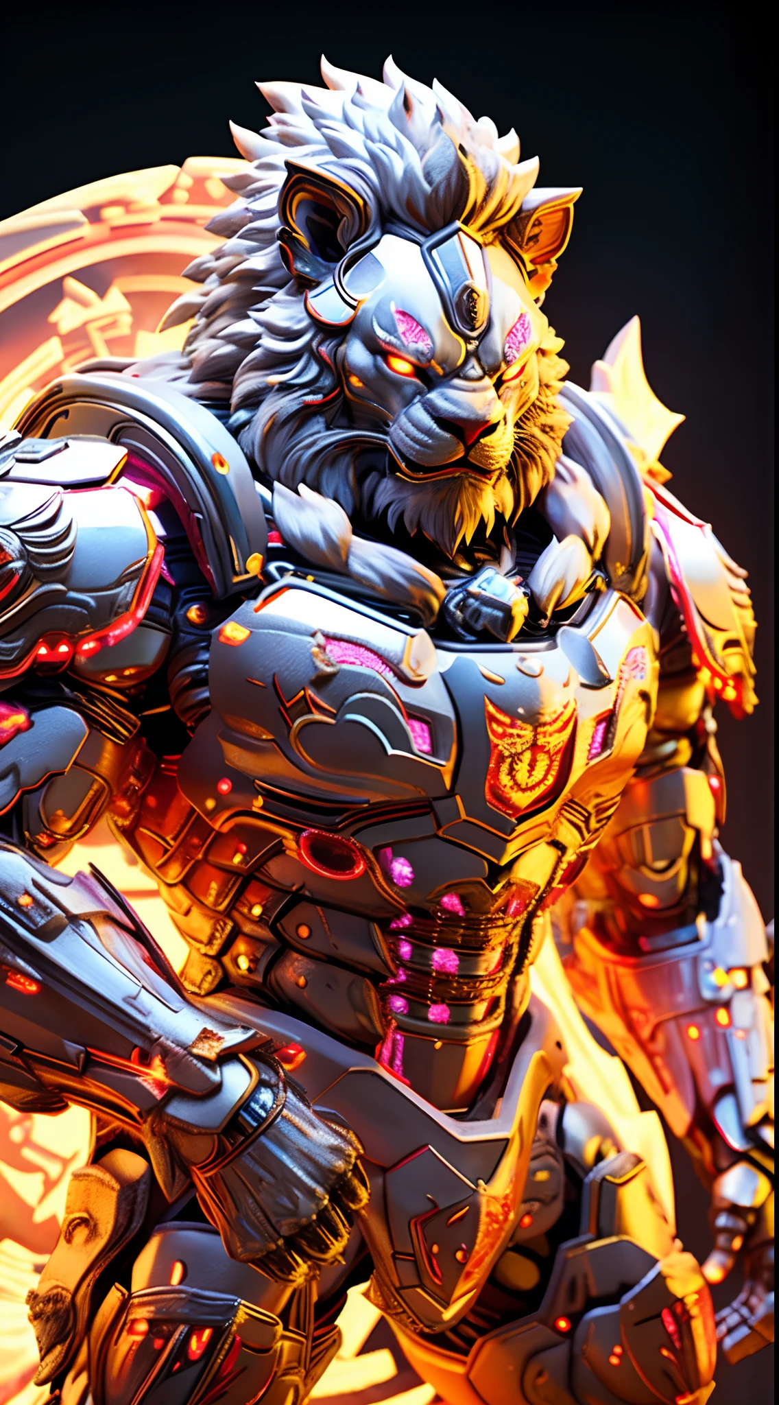 CHINESE LION, LION HEAD, HEAVY CRYSTAL ARMOR, TRANSPARANT, MUSCLE BODY.