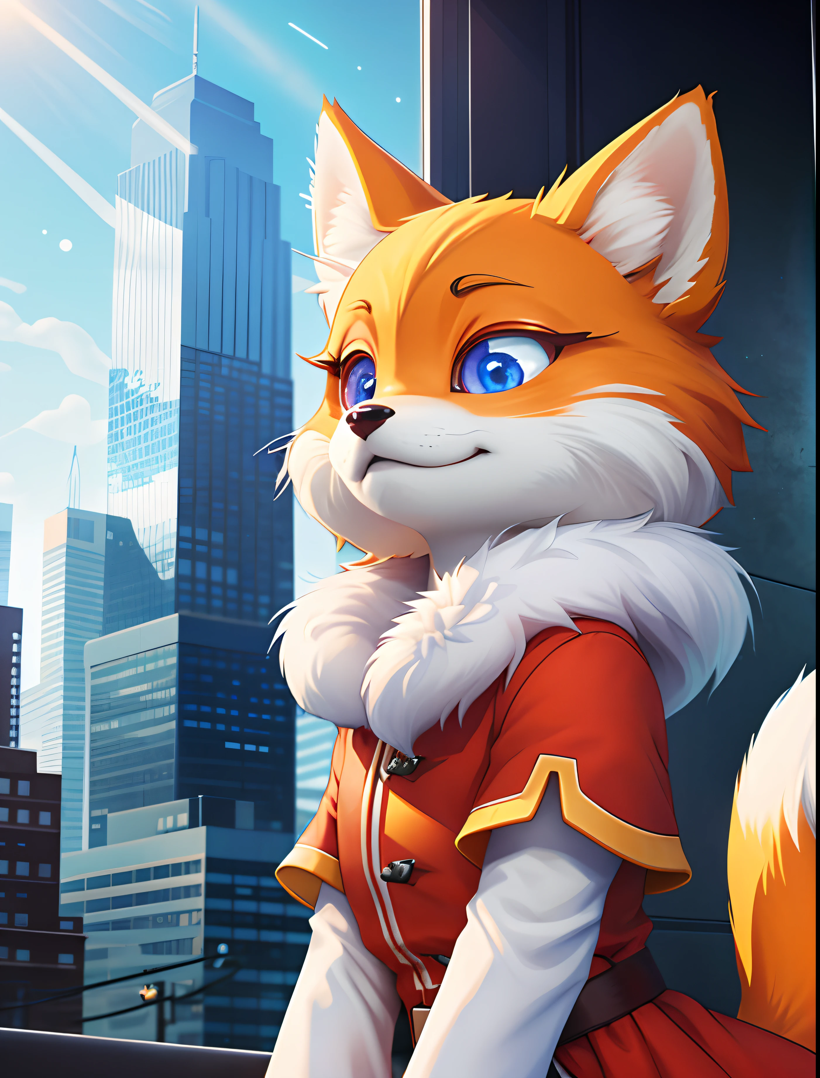 eyes with brightness,Bust photo of the character,Q version,头像框, Character focus,独奏, shaggy, Furry fox, White fur for men, red color eyes,clawed paws,large tail, No hair,Loli style,Little cute, Will sell moe,The city of the future,Above tall buildings,Future Style ,starrysky