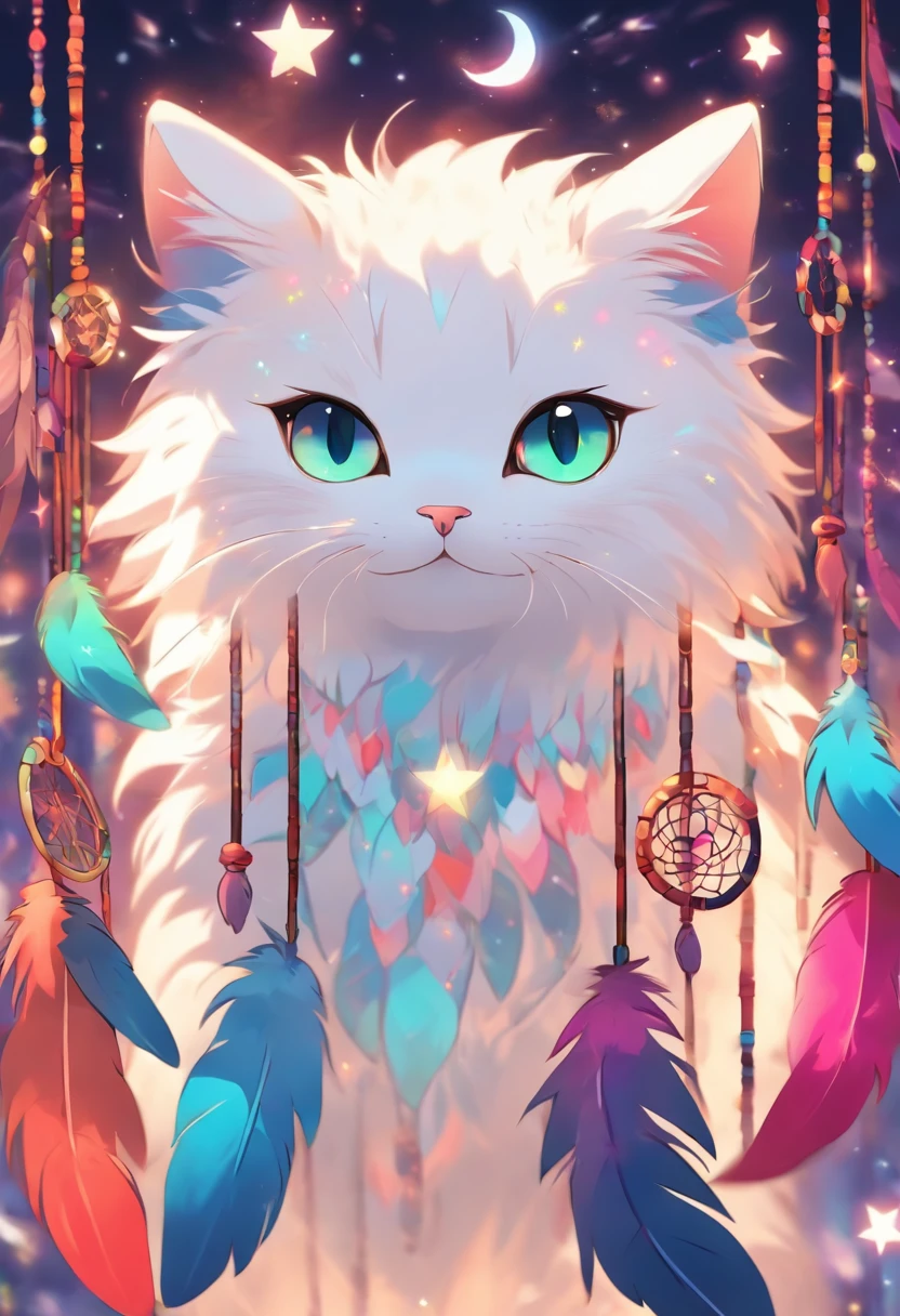 （White cat in the circle of colorful dream catchers），"T-shirt design with circular silhouette of cat face, Crescent, and stars in the