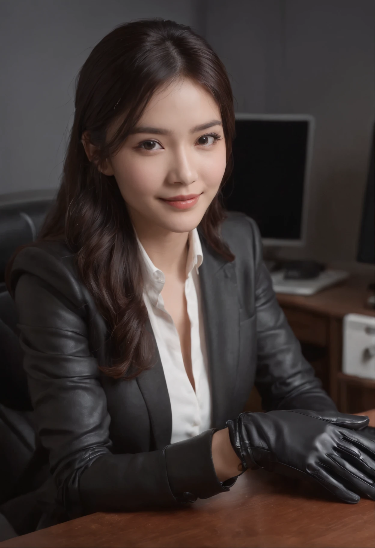 Wearing black leather gloves in both hands, upper body, black business suit, facing the desk in my room with a computer in the dark, looking down and smiling, operating the computer with the fingertips of black leather gloves, black hair bundled at the back for a long time, still young and very cute Japanese female new employee (black leather gloves cover both hands)