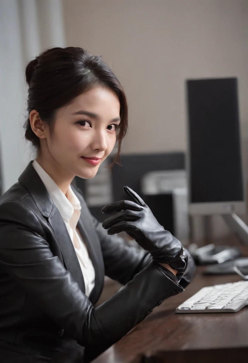 Wearing black leather gloves in both hands, upper body, black business suit, facing the desk in my room with a computer in the dark, looking down and smiling, operating the computer with the fingertips of black leather gloves, black hair bundled at the back for a long time, still young and very cute Japanese female new employee (black leather gloves cover both hands)