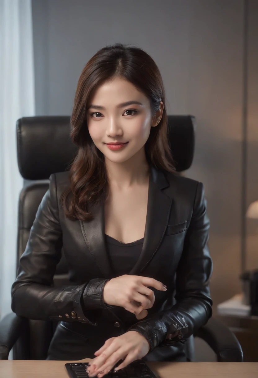 Wearing black leather gloves in both hands, upper body, black business suit, facing the desk in my room with a computer in the dark, looking down and smiling, operating the computer with the fingertips of black leather gloves, black hair bundled at the back for a long time, still young and very cute Japanese female new employee (black leather gloves cover both hands)