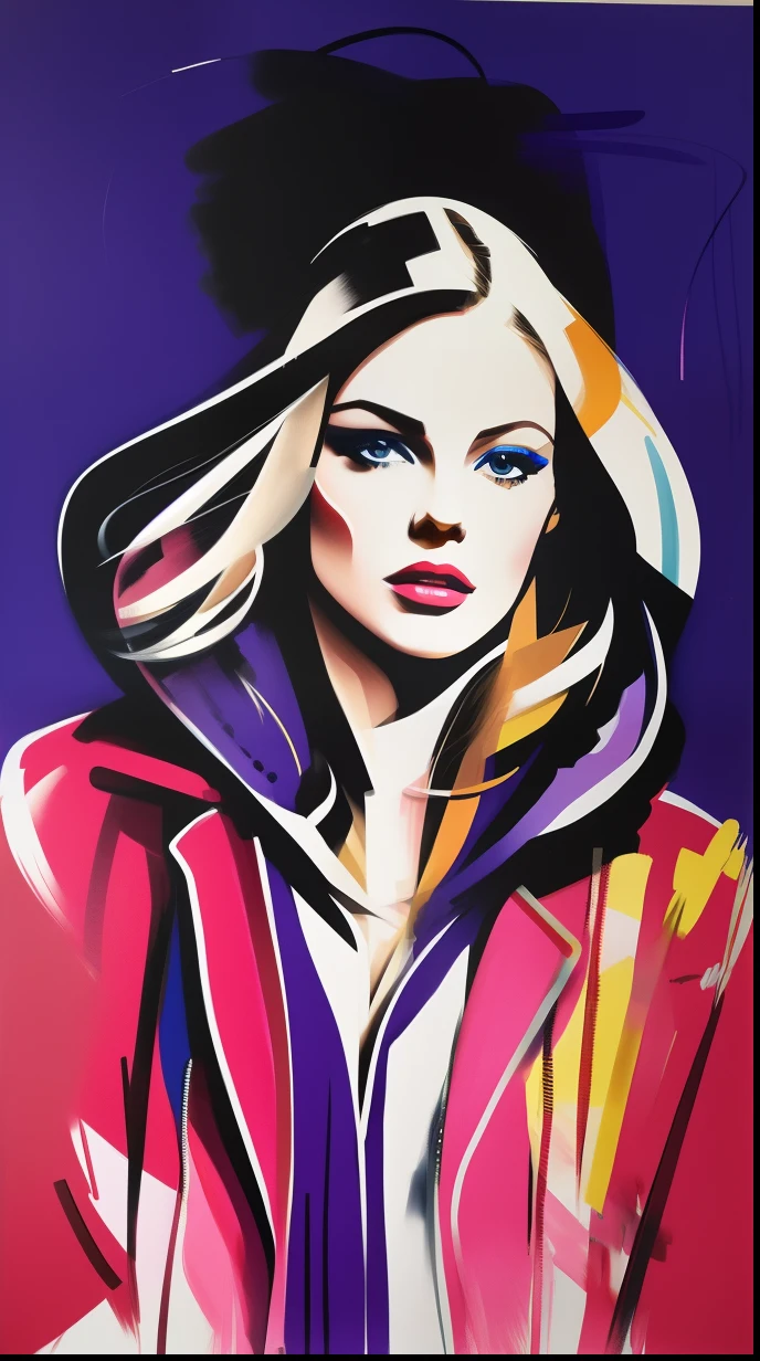 David downton fashion illustration, mustafa soydan art, blonde woman blue eyes, cute, purple hoodie, red leather jacket, feminine, change background day city street, fresh color, artistic brushstrokes