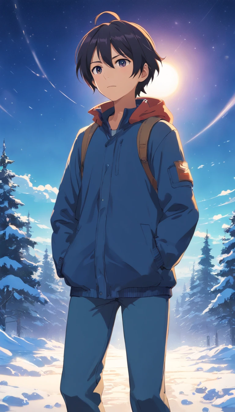 шедевр、Adulte、voyageur du nord、Winks、front、30 ans、Un brun、veste noire、Pantalon noir、torse nu、long cheveux brin,、Proud and determined look、Winks、Eyes drawn in detail、un bel homme fort、Snow-covered mountains、Starrysky、Mystical Light、dramatic light、Cinematic power、